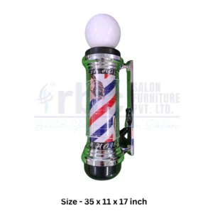 RBC BSP - 3 Globe Rotating LED Barber Pole Light 35 Inch with Top White Sphere Lamp, Red White Blue Stripes, and Chrome Wall Bracket