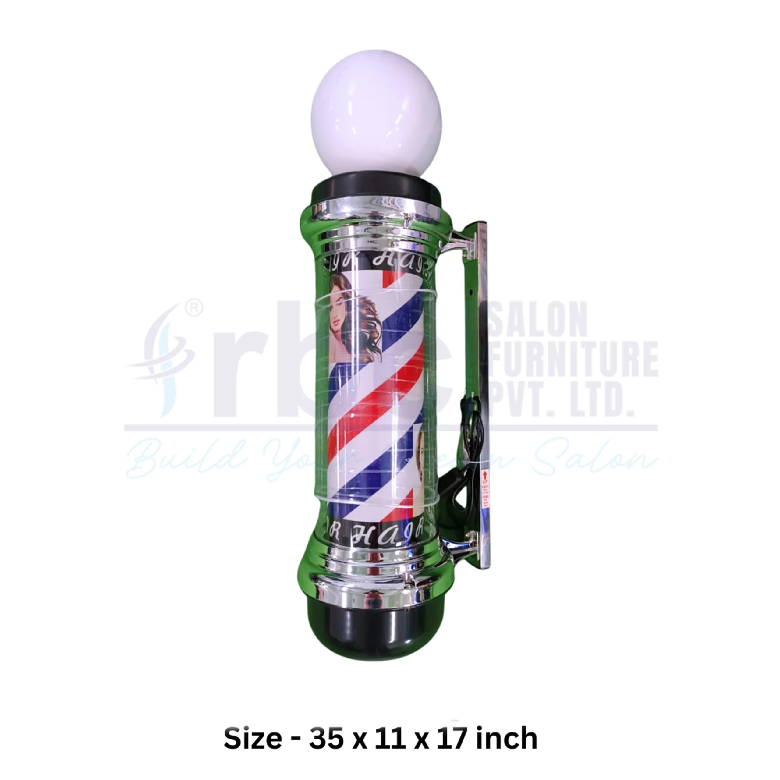 RBC BSP - 3 Globe Rotating LED Barber Pole Light 35 Inch with Top White Sphere Lamp, Red White Blue Stripes, and Chrome Wall Bracket