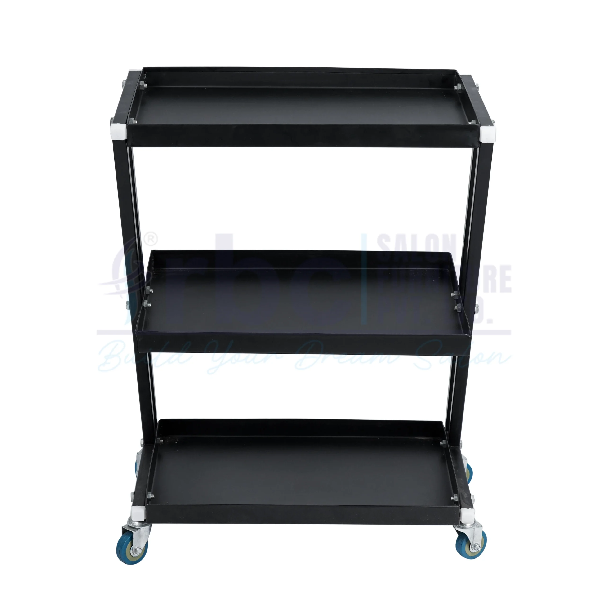 RBC 102 Black 3-Tier Z-Frame Metal Salon Utility Trolley Cart with Open Tray Shelves and Swivel Caster Wheels