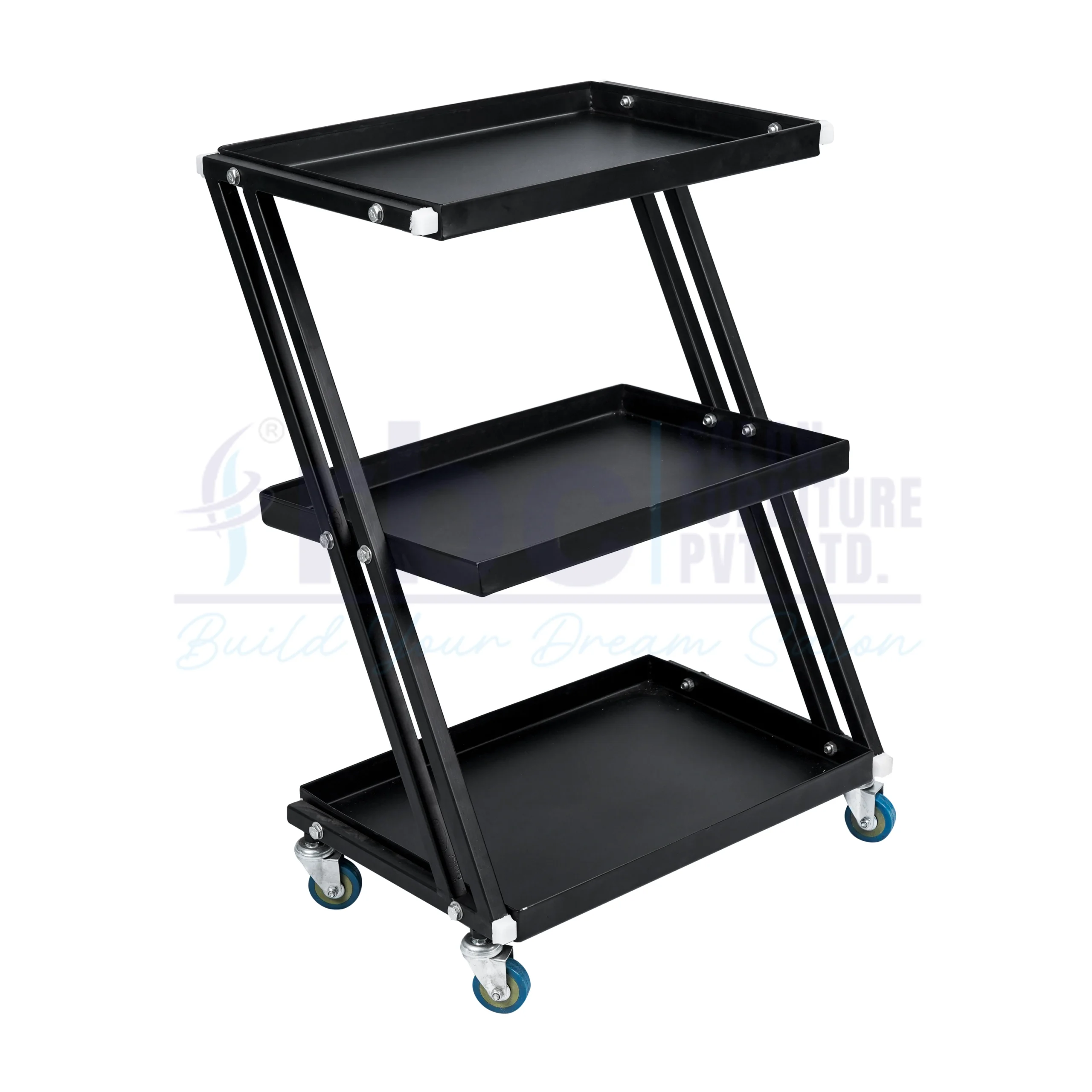 RBC 102 Black 3-Tier Z-Frame Metal Salon Utility Trolley Cart with Open Tray Shelves and Swivel Caster Wheels