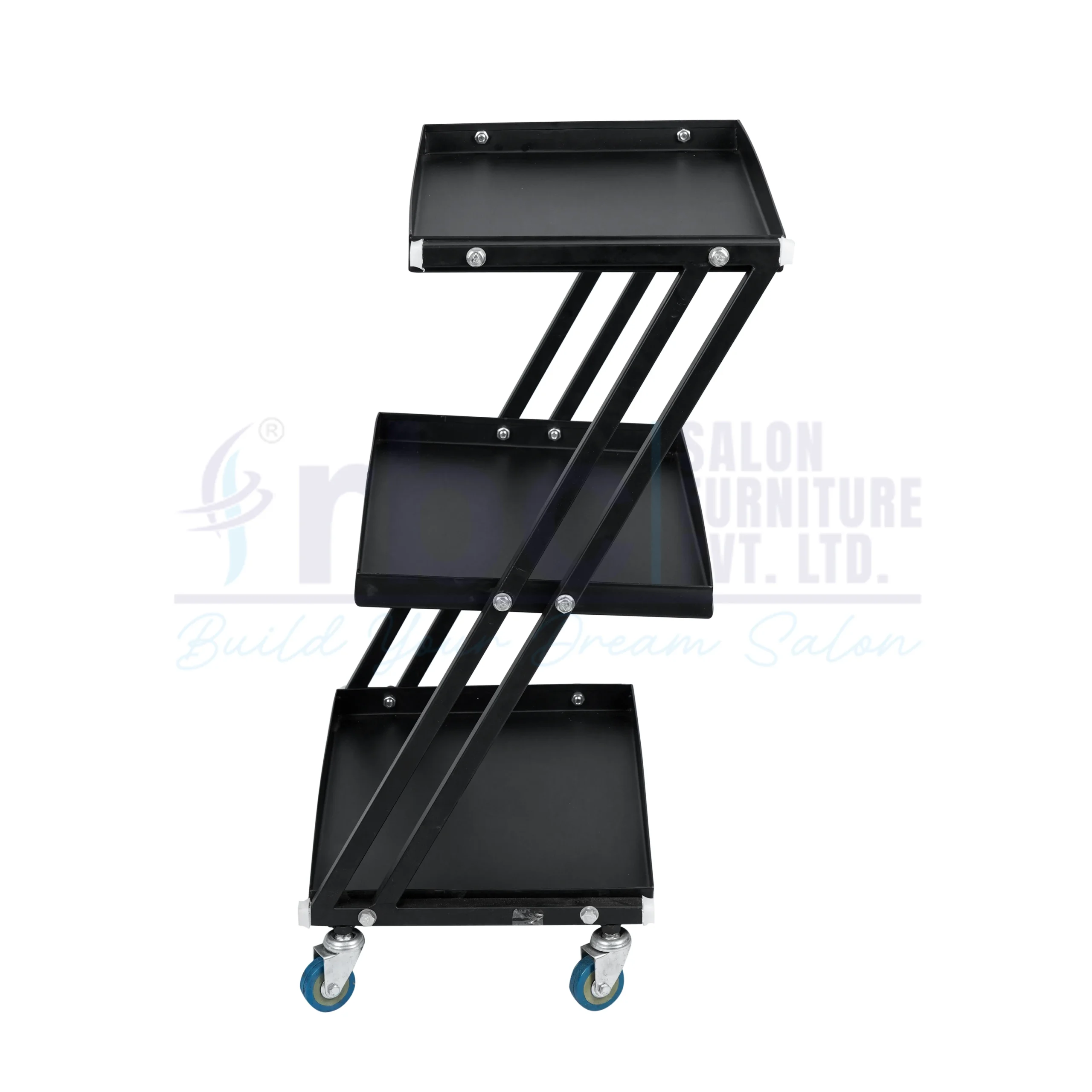 RBC 102 Black 3-Tier Z-Frame Metal Salon Utility Trolley Cart with Open Tray Shelves and Swivel Caster Wheels
