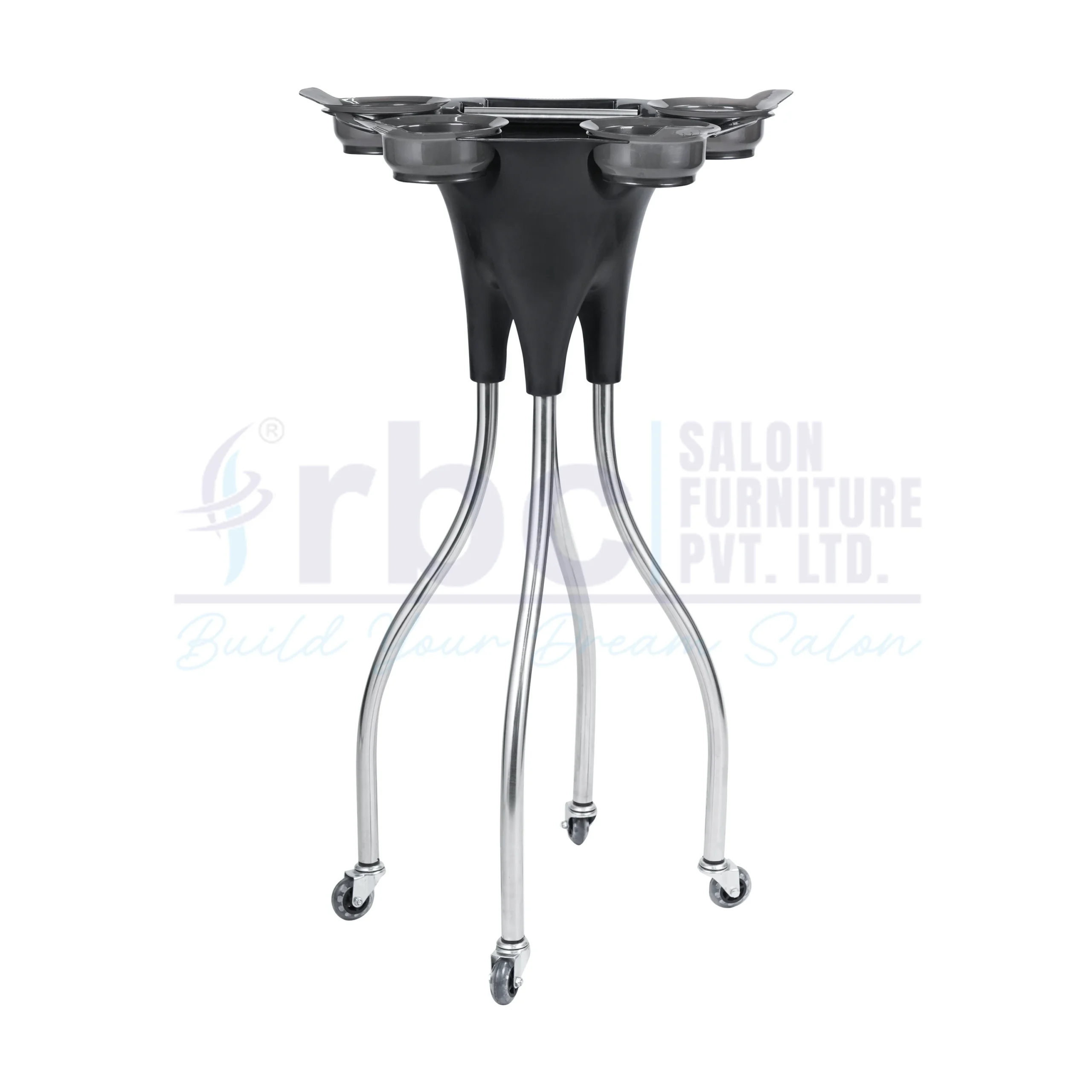 RBC 108 Hair Extension and Dye Service Trolley Stand with 4 Color Bowls, Foil Dispenser, and Chrome Curved Base