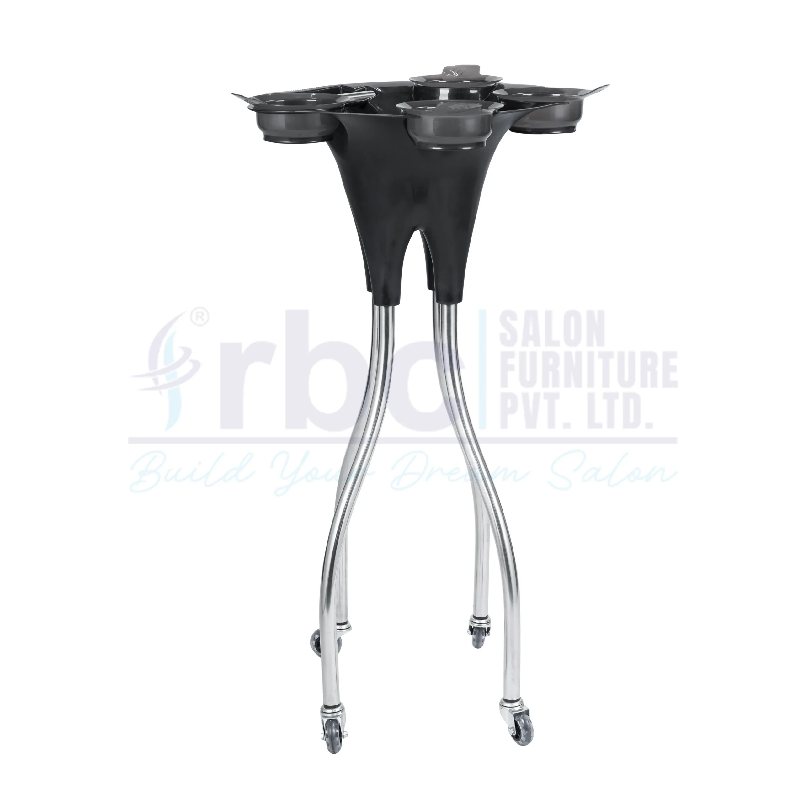 RBC 108 Hair Extension and Dye Service Trolley Stand with 4 Color Bowls, Foil Dispenser, and Chrome Curved Base