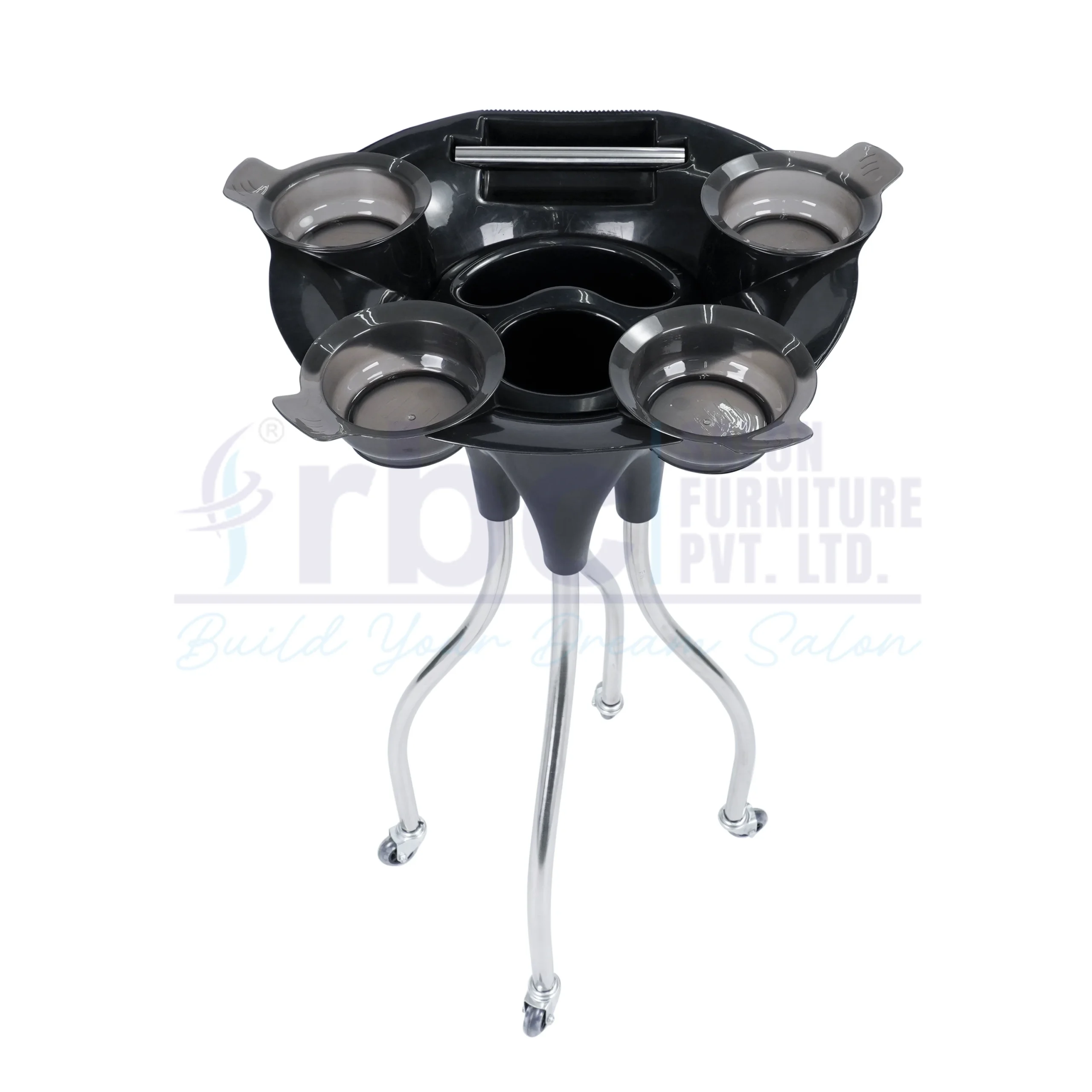 RBC 108 Hair Extension and Dye Service Trolley Stand with 4 Color Bowls, Foil Dispenser, and Chrome Curved Base