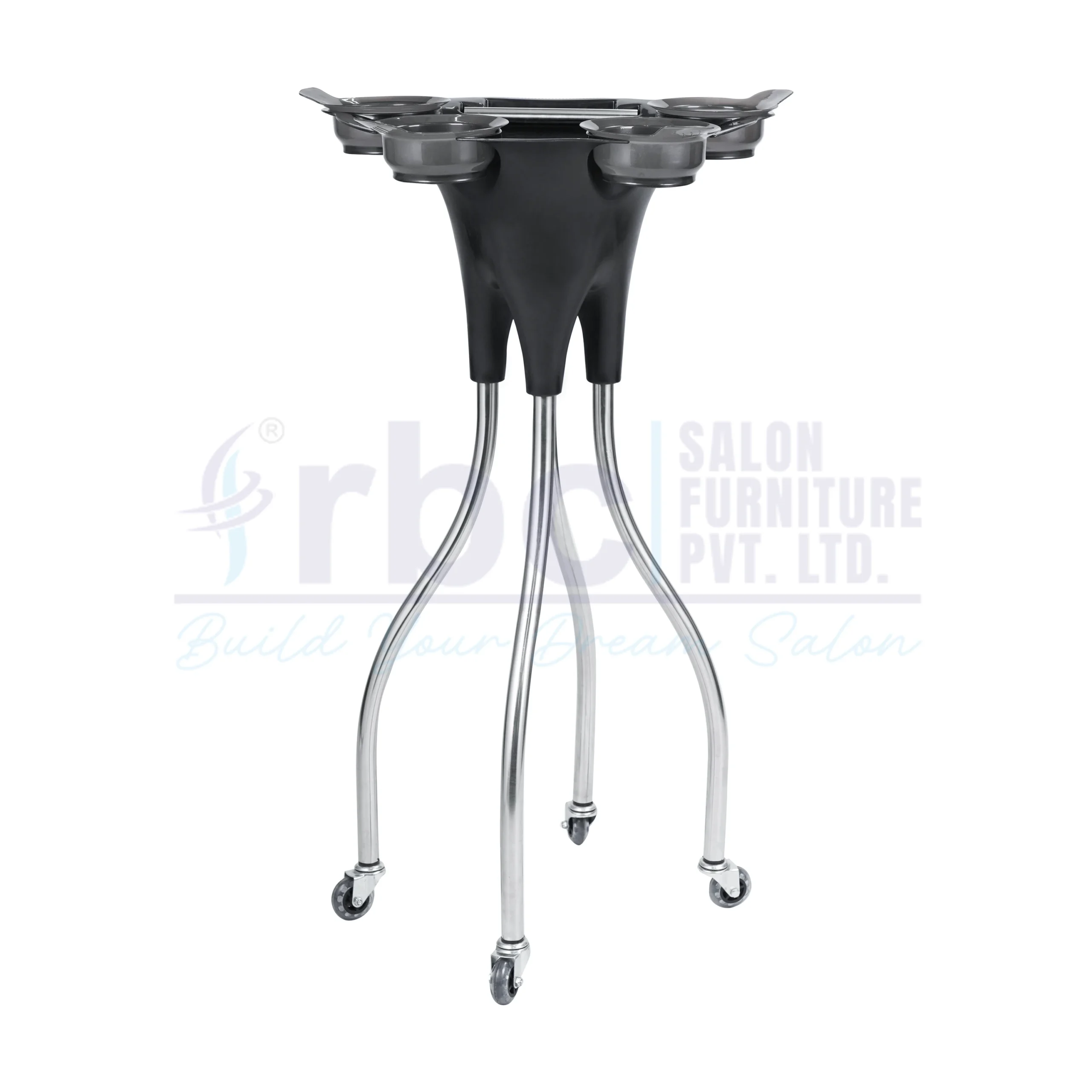 RBC 107 Hair Extension and Dye Service Trolley Stand with 4 Color Bowls, Foil Dispenser, and Chrome Curved Base