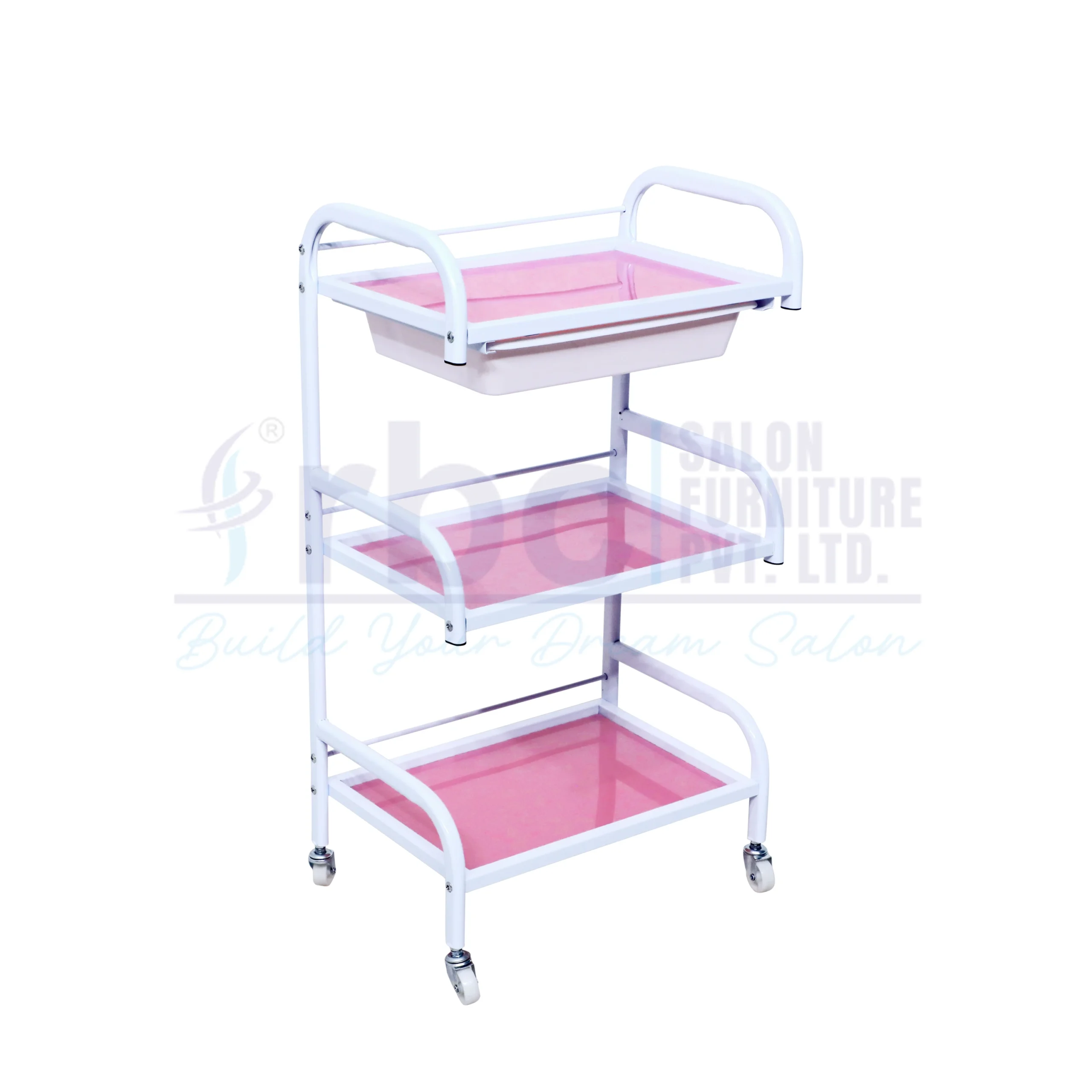 RBC 110 White and Pink 3-Tier Salon Utility Trolley Cart with Curved Tubular Handles and Swivel Caster Wheels
