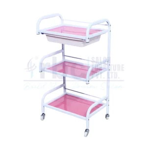 RBC 110 White and Pink 3-Tier Salon Utility Trolley Cart with Curved Tubular Handles and Swivel Caster Wheels