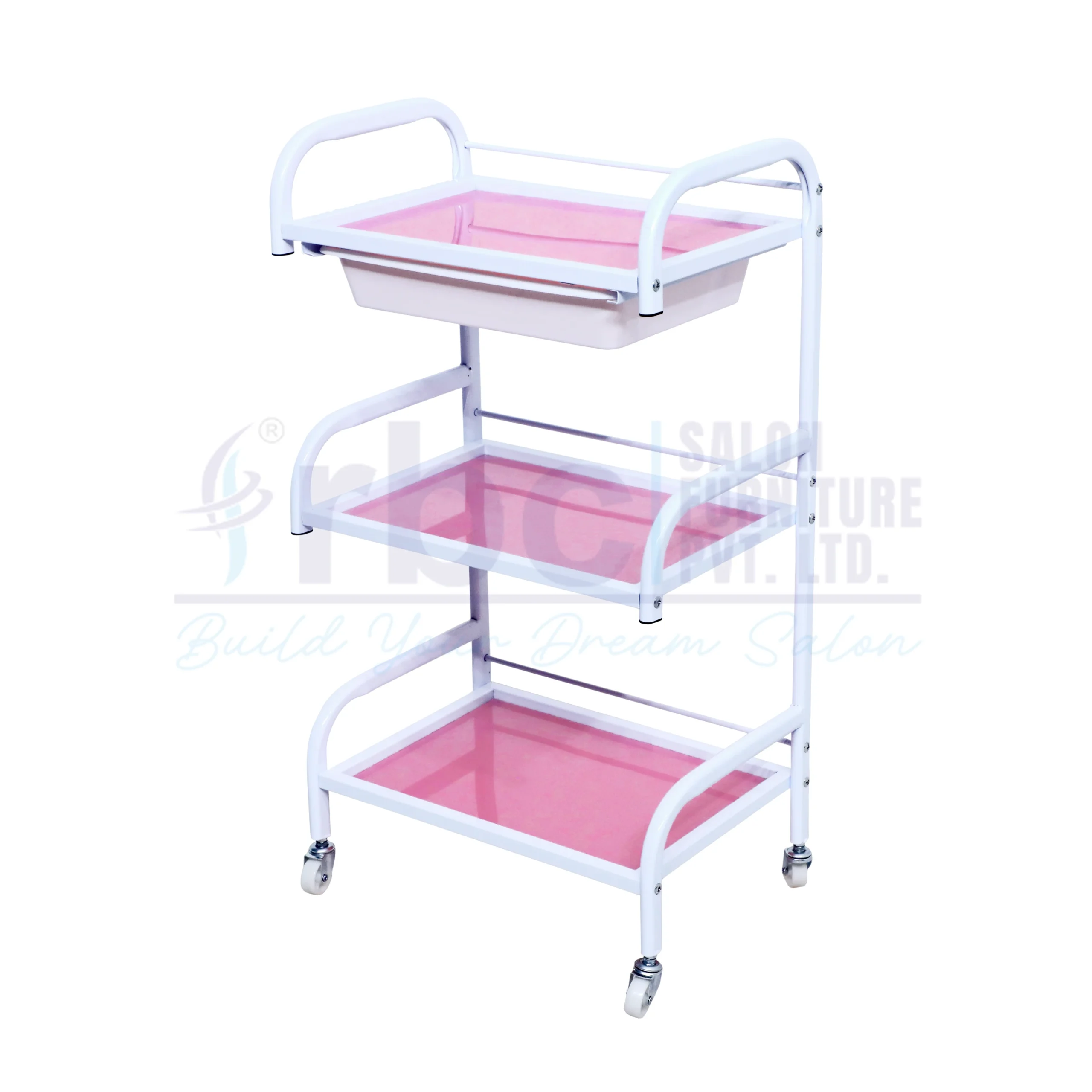 RBC 110 White and Pink 3-Tier Salon Utility Trolley Cart with Curved Tubular Handles and Swivel Caster Wheels
