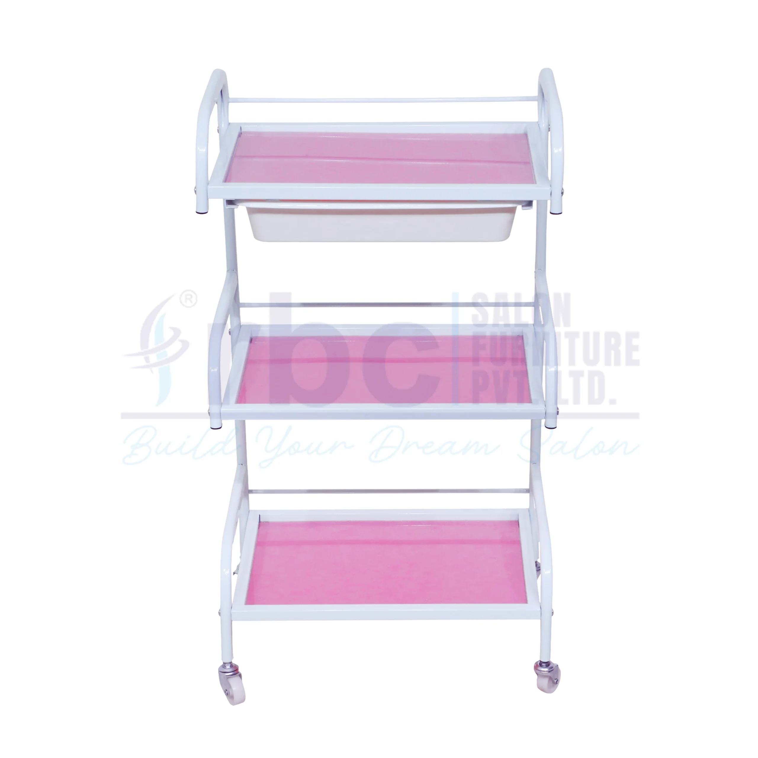 RBC 110 White and Pink 3-Tier Salon Utility Trolley Cart with Curved Tubular Handles and Swivel Caster Wheels