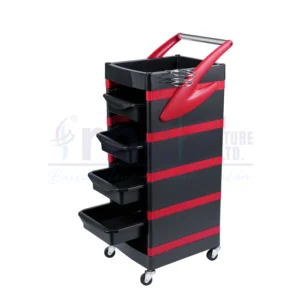 RBC 115 Black and Red Professional Salon Storage Trolley Cart with Slide-Out Drawers, Chrome Dryer Holder, and Push Handle