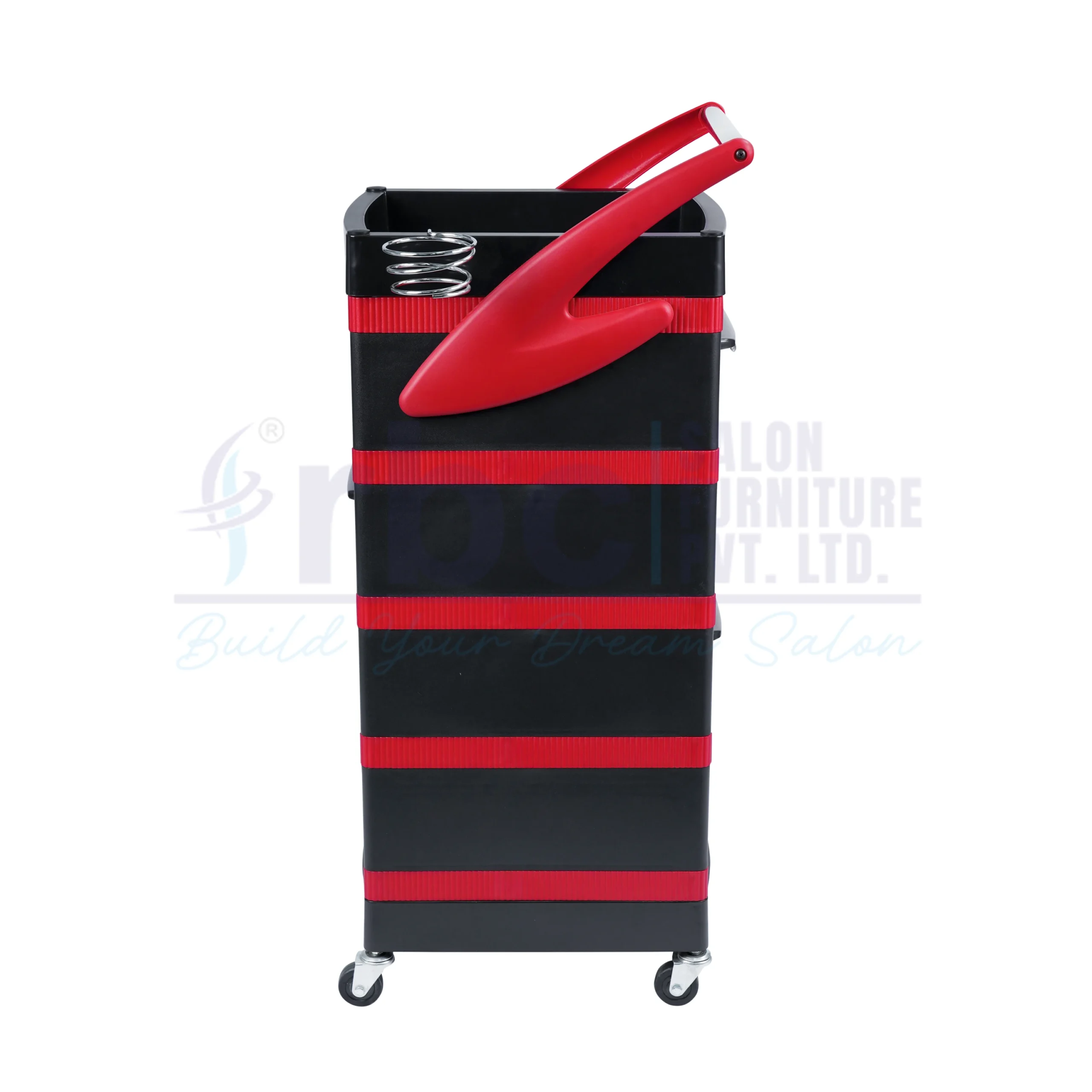 RBC 115 Black and Red Professional Salon Storage Trolley Cart with Slide-Out Drawers, Chrome Dryer Holder, and Push Handle