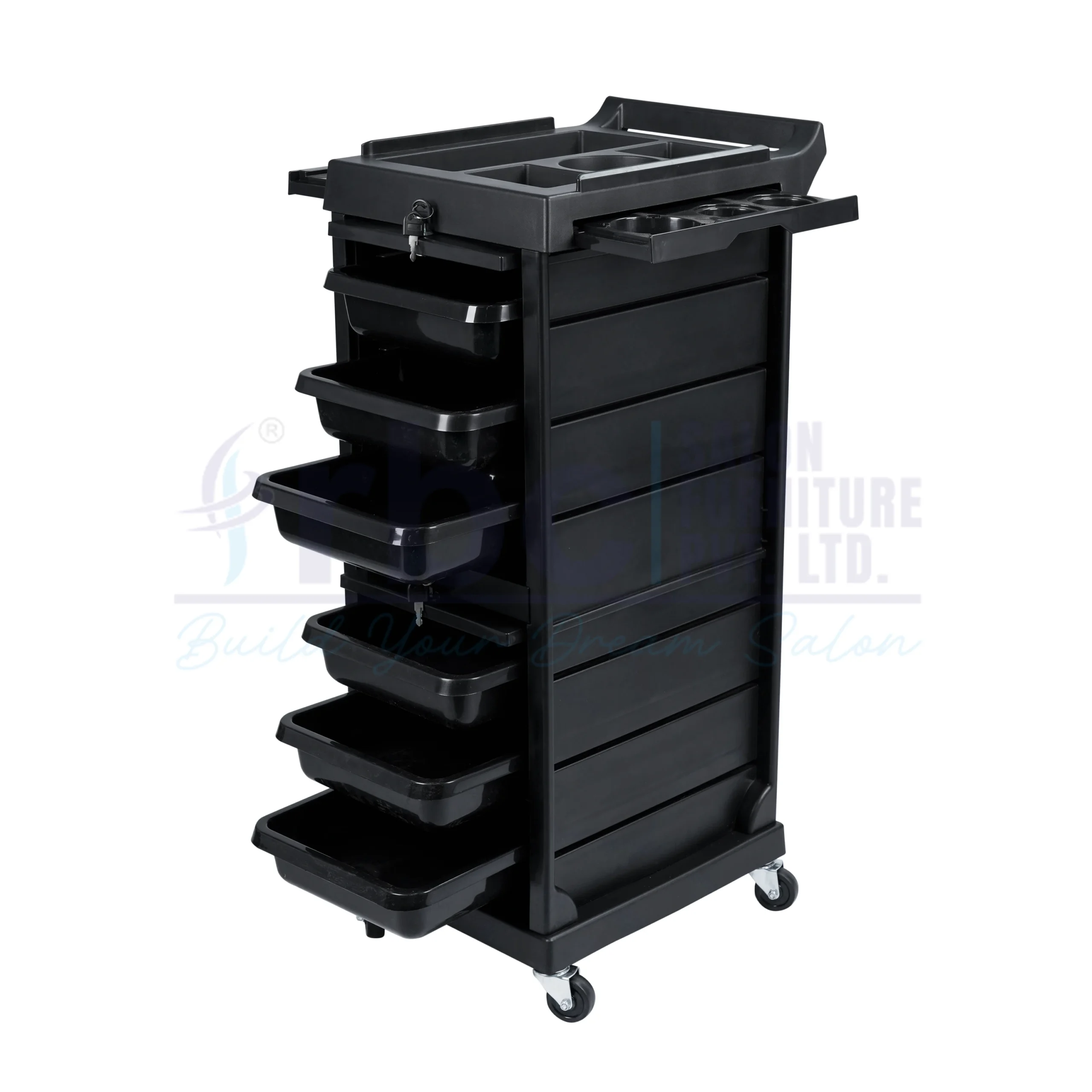 RBC 117 Professional Lockable Salon Storage Trolley Cart in Matte Black with Key Lock, Slide-Out Drawers, and Fold-Out Side Trays