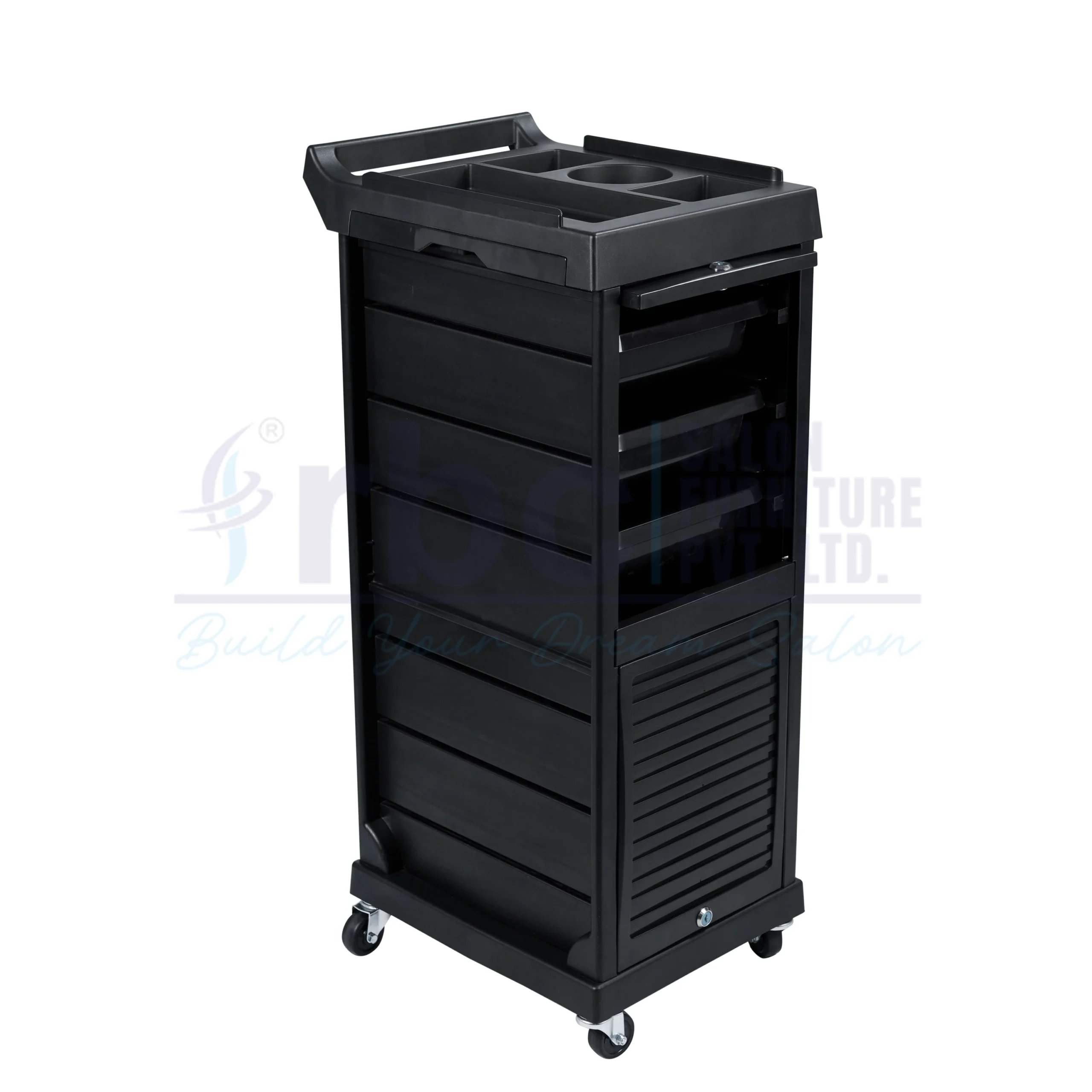 RBC 117 Professional Lockable Salon Storage Trolley Cart in Matte Black with Key Lock, Slide-Out Drawers, and Fold-Out Side Trays