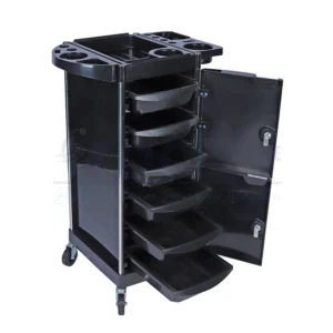 RBC 118 Professional Lockable Cabinet Salon Storage Trolley Cart in Black with Open Lock Doors and 6 Slide-Out Drawers
