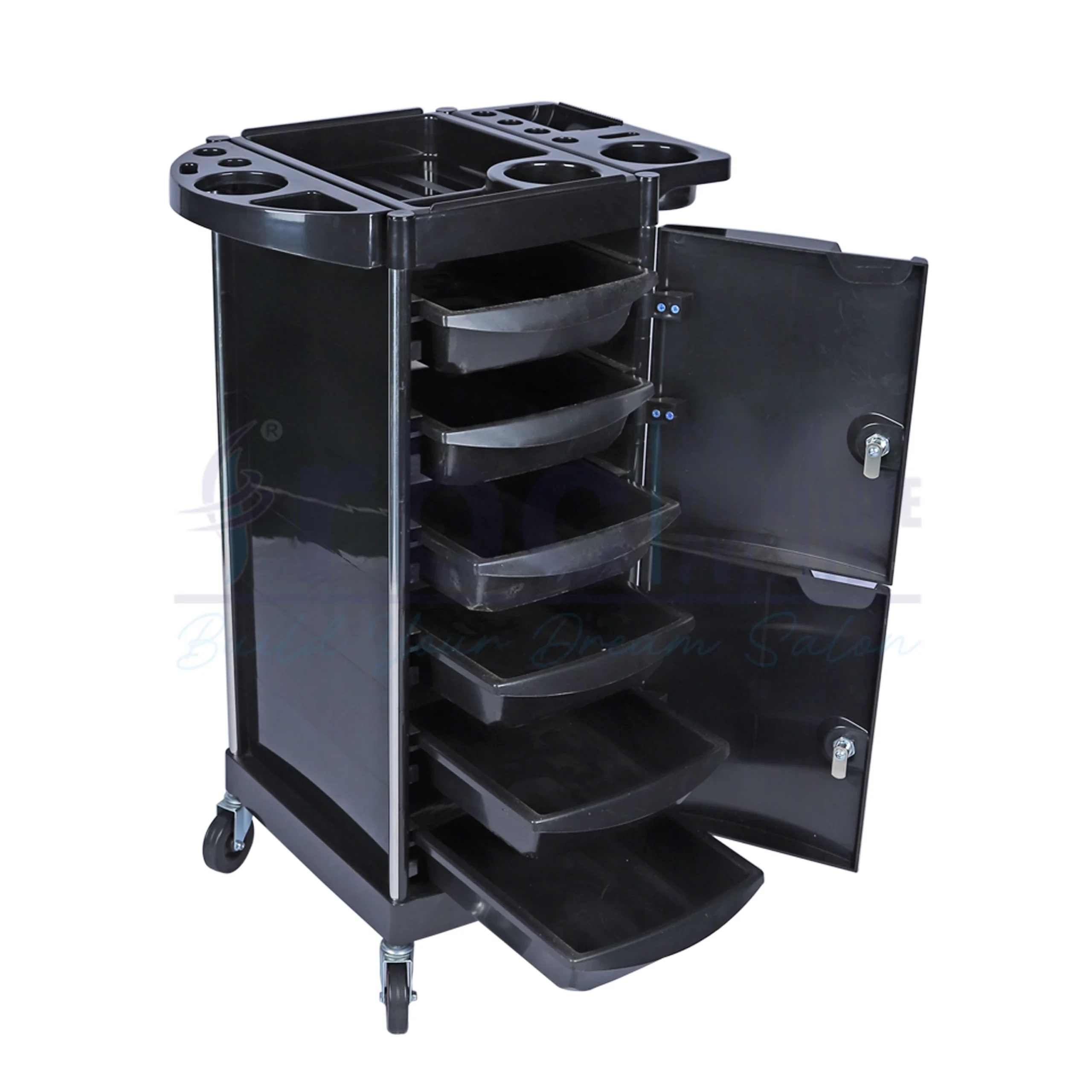 RBC 118 Professional Lockable Cabinet Salon Storage Trolley Cart in Black with Open Lock Doors and 6 Slide-Out Drawers
