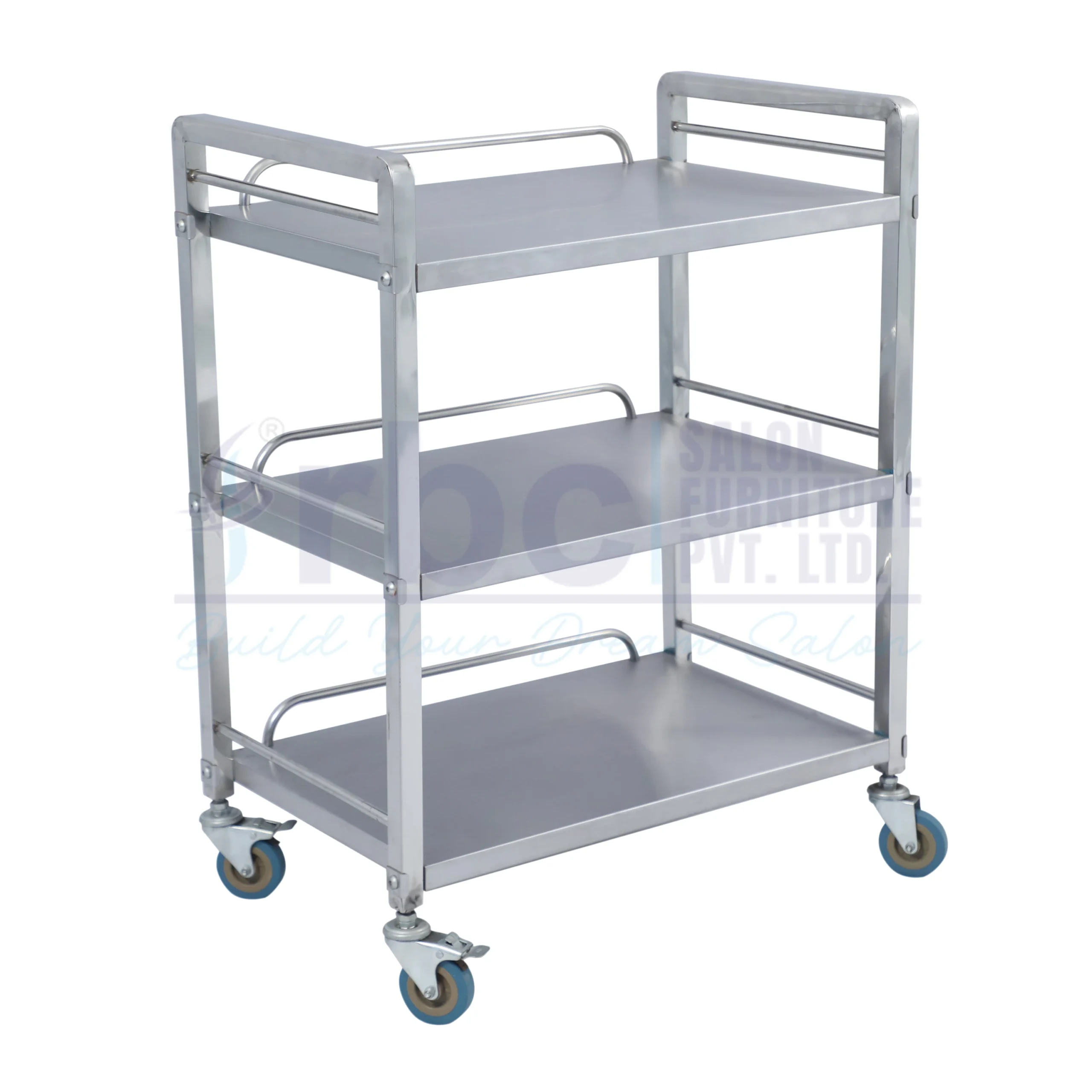 RBC 119 Professional Stainless Steel 3-Tier Salon Utility Trolley Cart with Protective Rails and Castor Wheels