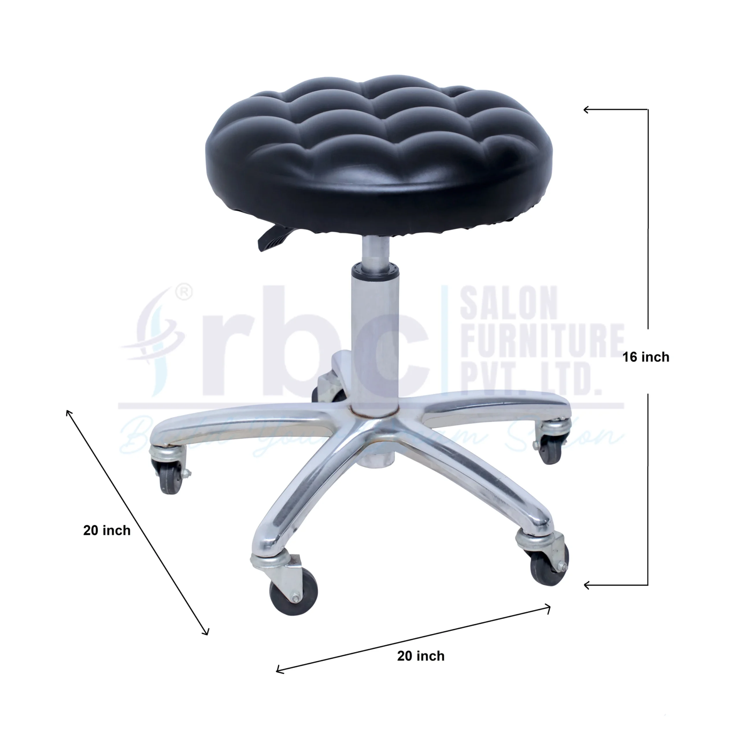 RBC 124 Professional Hydraulic Tufted Salon Stool Chair with Black Cushion Seat, Chrome Hydraulic Gas Lift, and Swivel Caster Base