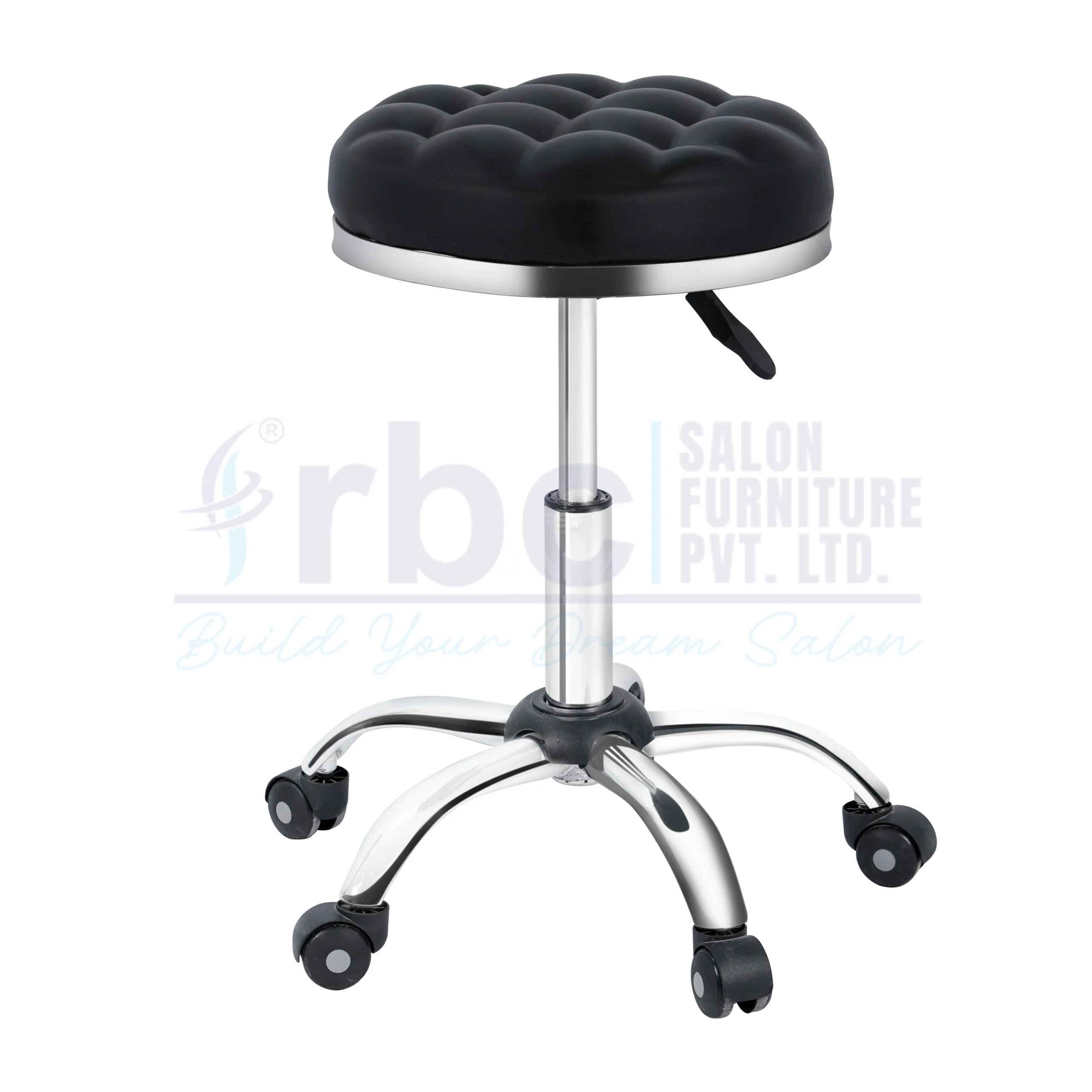 RBC 124 Professional Hydraulic Tufted Salon Stool Chair with Black Cushion Seat, Chrome Hydraulic Gas Lift, and Swivel Caster Base