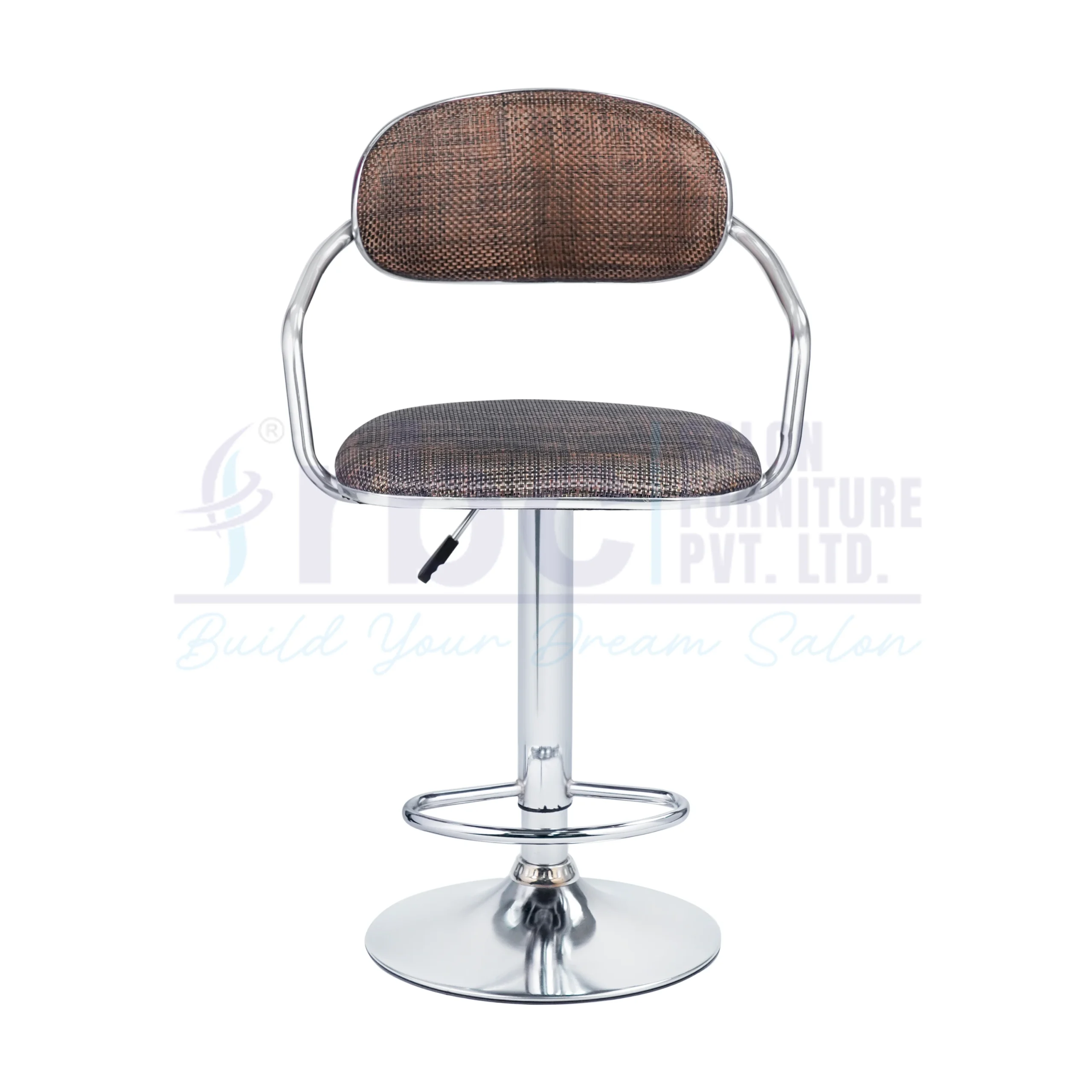 RBC 127 Professional Hydraulic Salon Chair Stool with Textured Brown Cushion, Chrome Armrests, Footrest Ring, and Circular Base