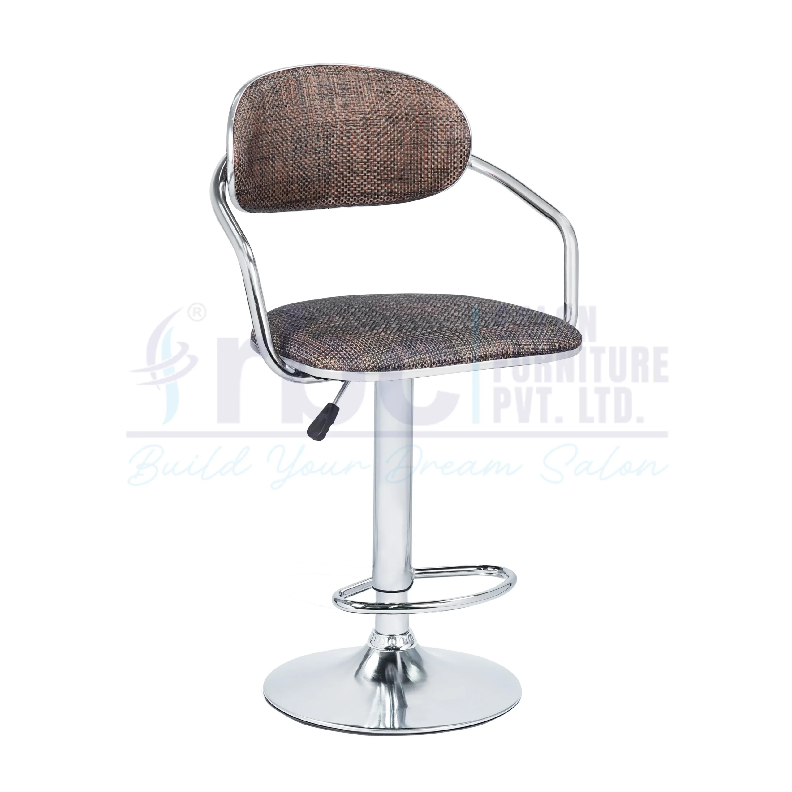 RBC 127 Professional Hydraulic Salon Chair Stool with Textured Brown Cushion, Chrome Armrests, Footrest Ring, and Circular Base