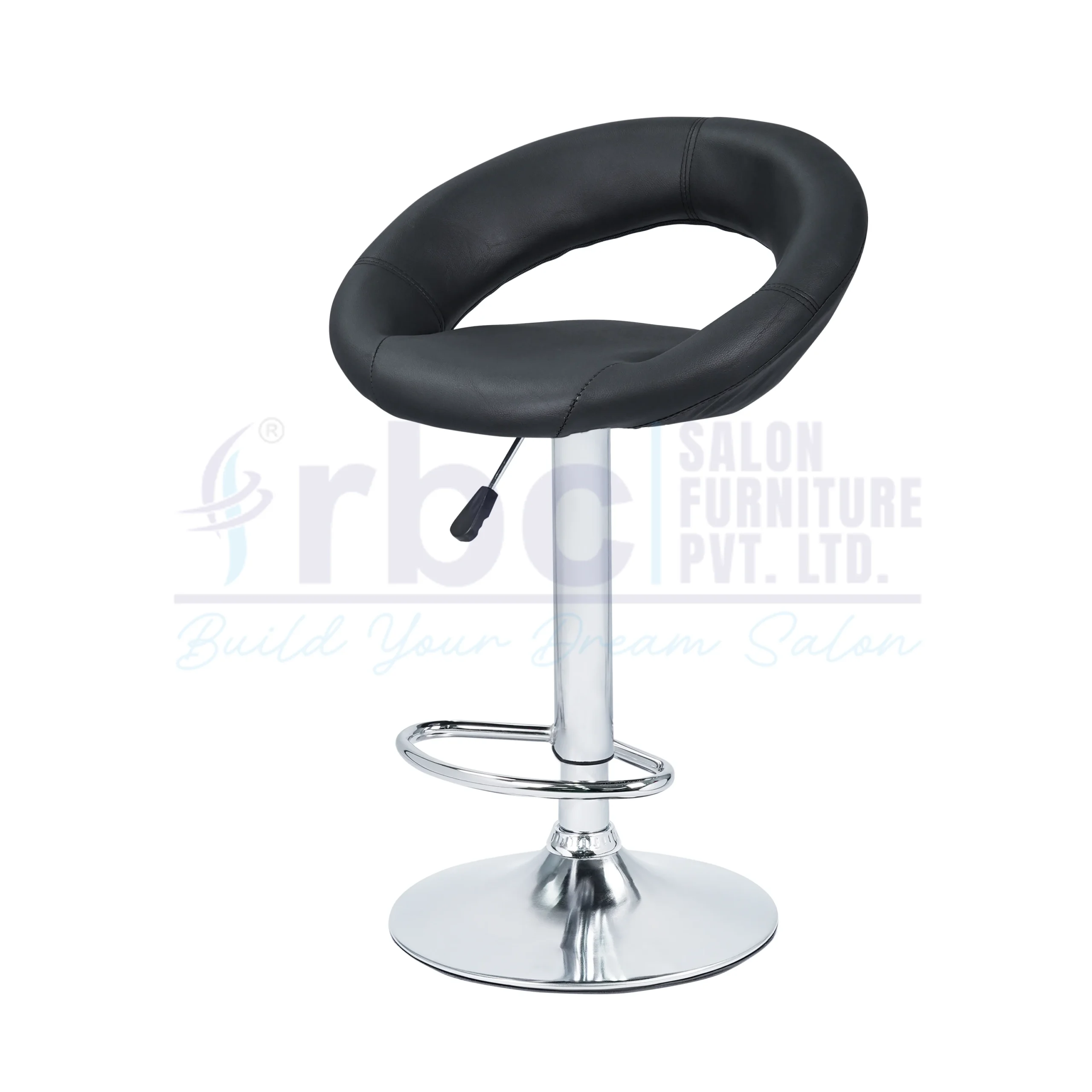 RBC 128 Professional Hydraulic Curved Back Salon Chair Stool with Black Leatherette Seat, Chrome Footrest, and Circular Base