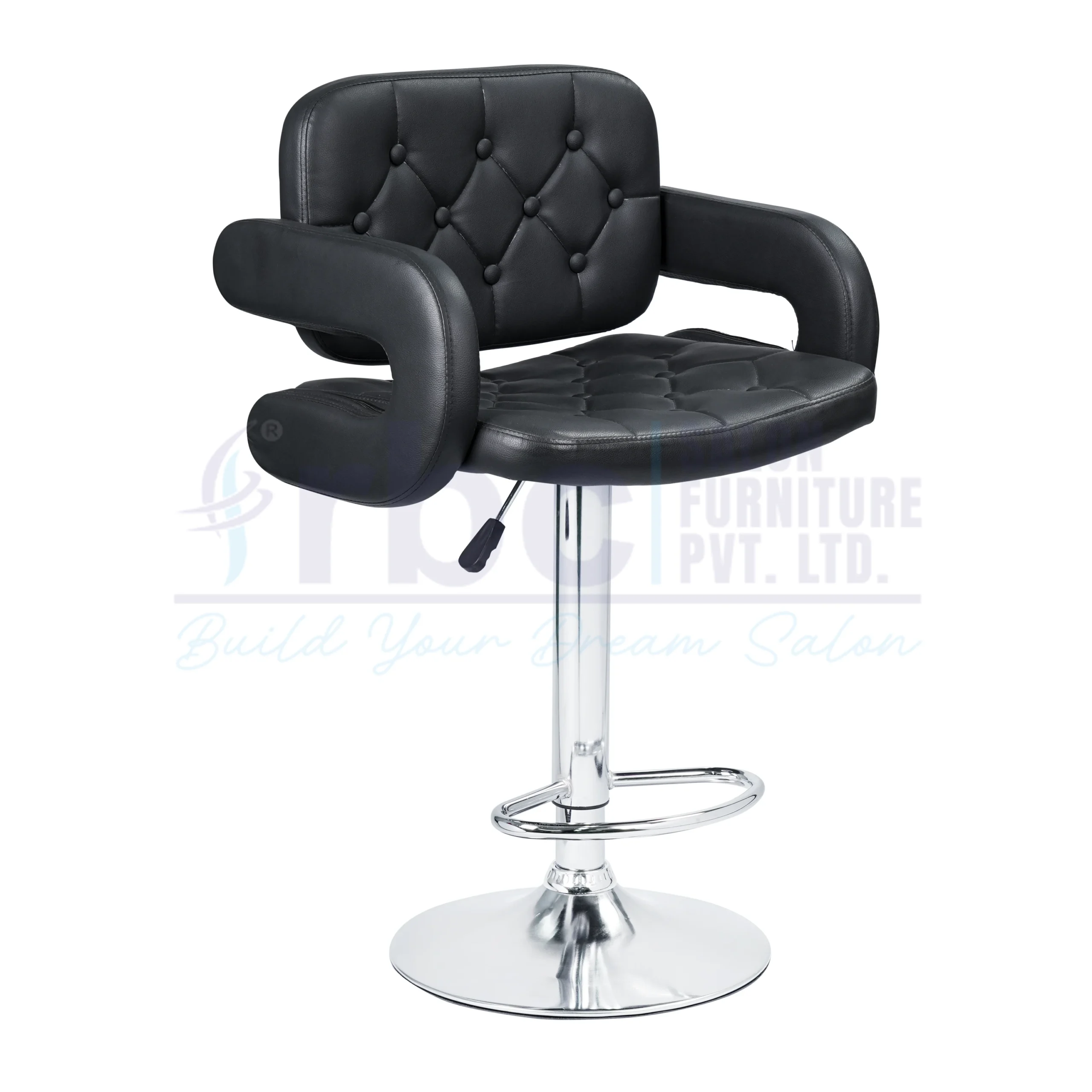 RBC 137 Professional Hydraulic Tufted Salon Chair Stool with Black Leatherette Cushion, Padded Armrests, Chrome Footrest, and Circular Base
