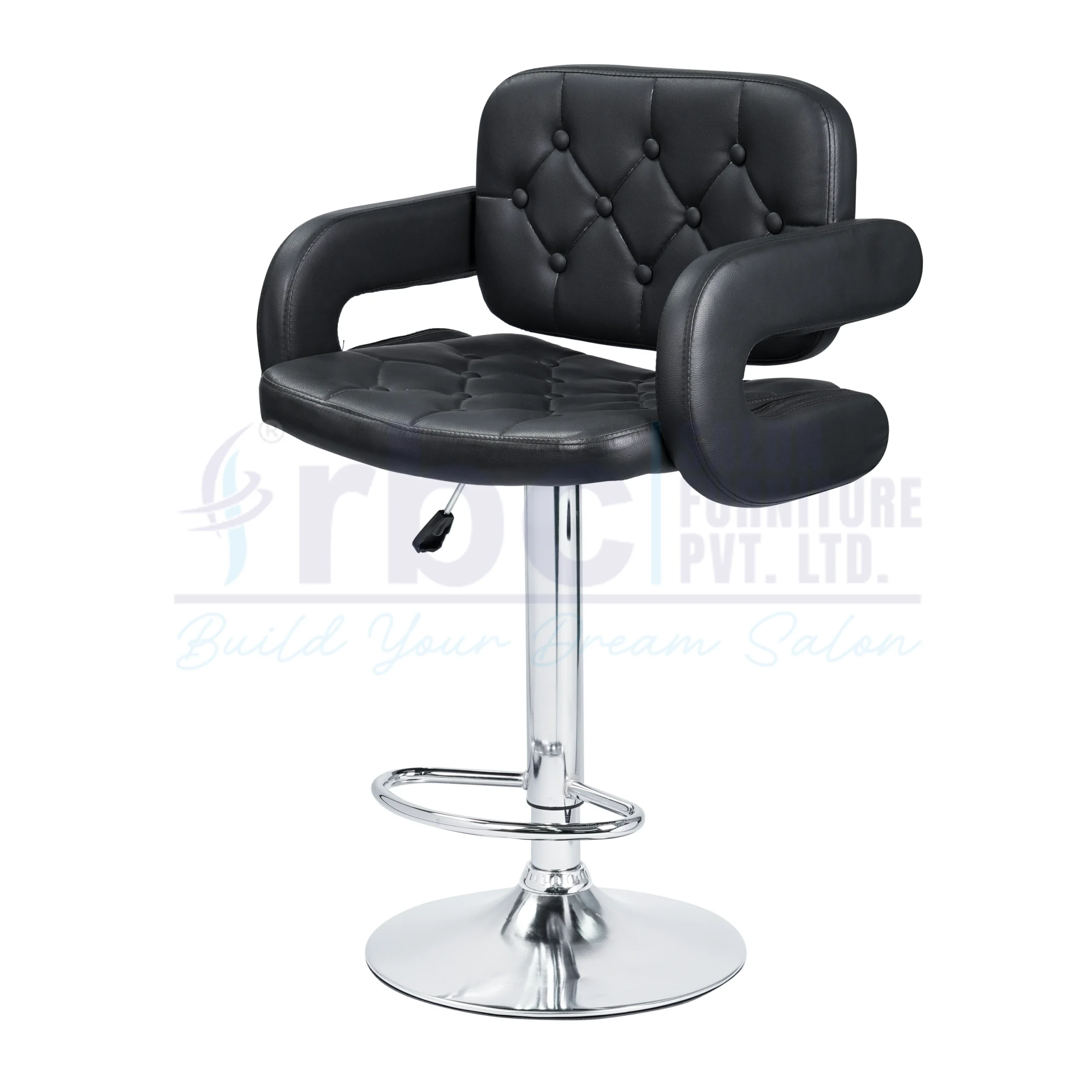 RBC 137 Professional Hydraulic Tufted Salon Chair Stool with Black Leatherette Cushion, Padded Armrests, Chrome Footrest, and Circular Base