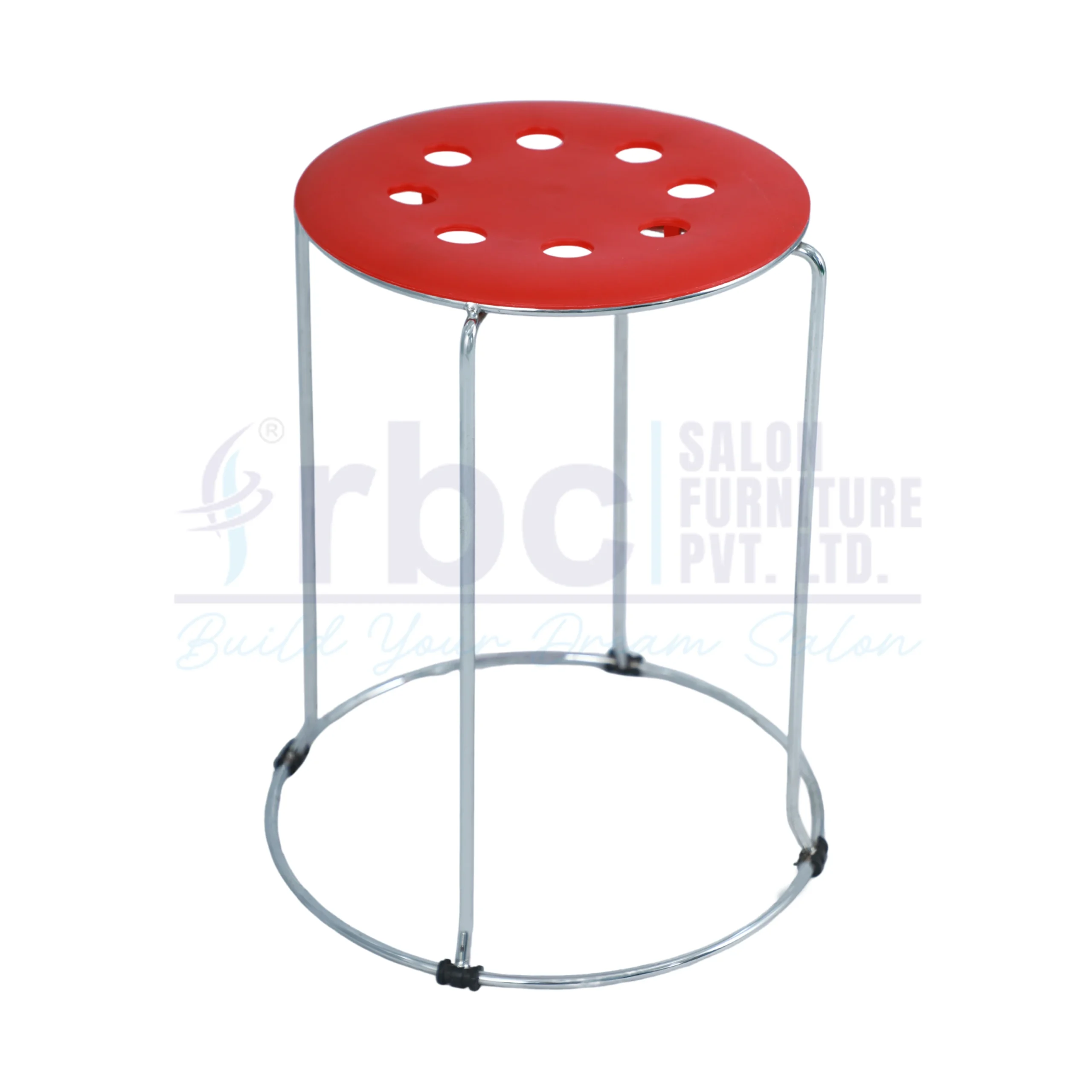 RBC 132 Lightweight Stainless Steel Salon Sitting Stool with Red Perforated Seat and Chrome Metal Base