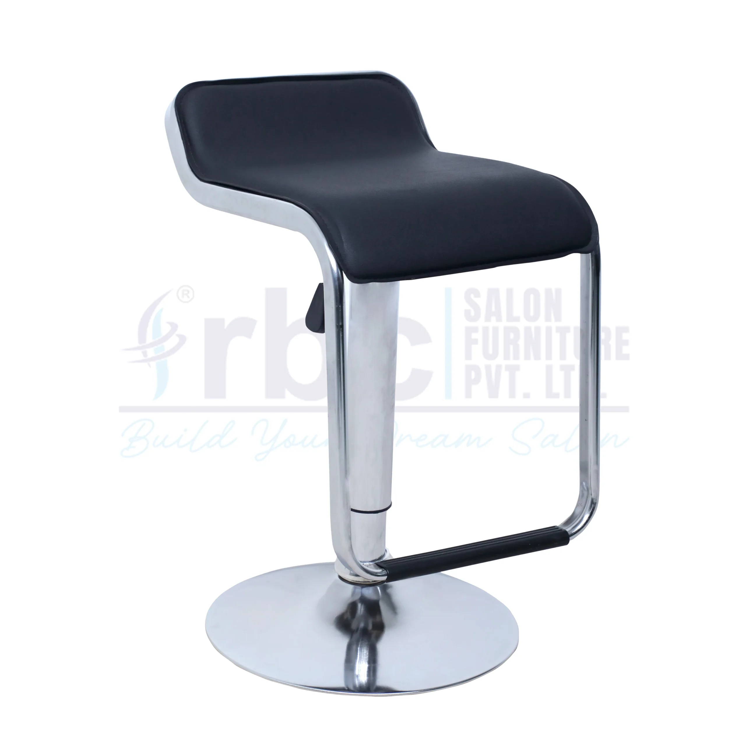 RBC 140 Professional Hydraulic Low-Back Salon Chair Stool with Black Leatherette Seat, Front Footrest Bar, and Chrome Disc Base