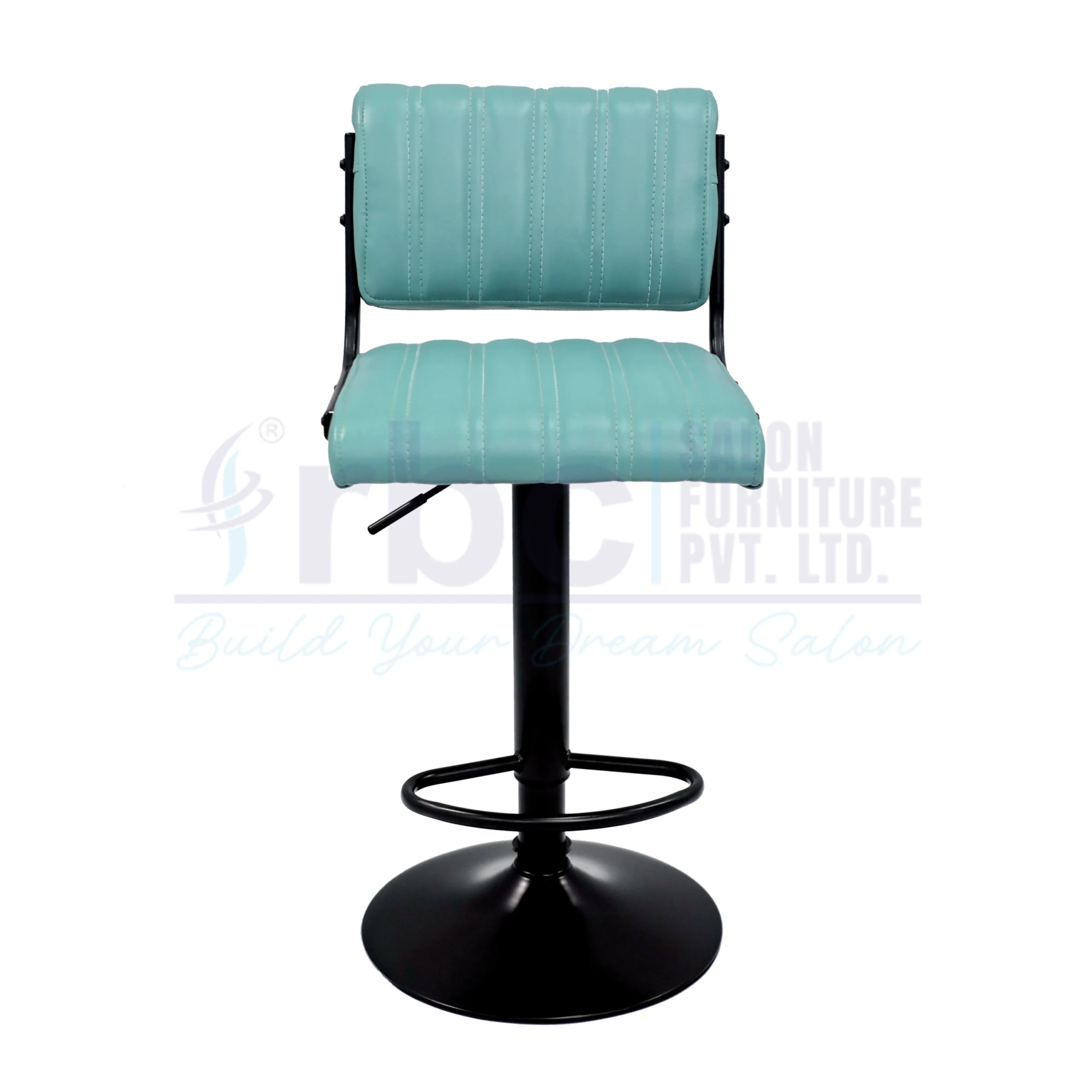 RBC 148 Professional Hydraulic Salon Chair Stool with Teal Blue Stitched Leatherette Cushion, Matte Black Frame, Footrest, and Circular Base