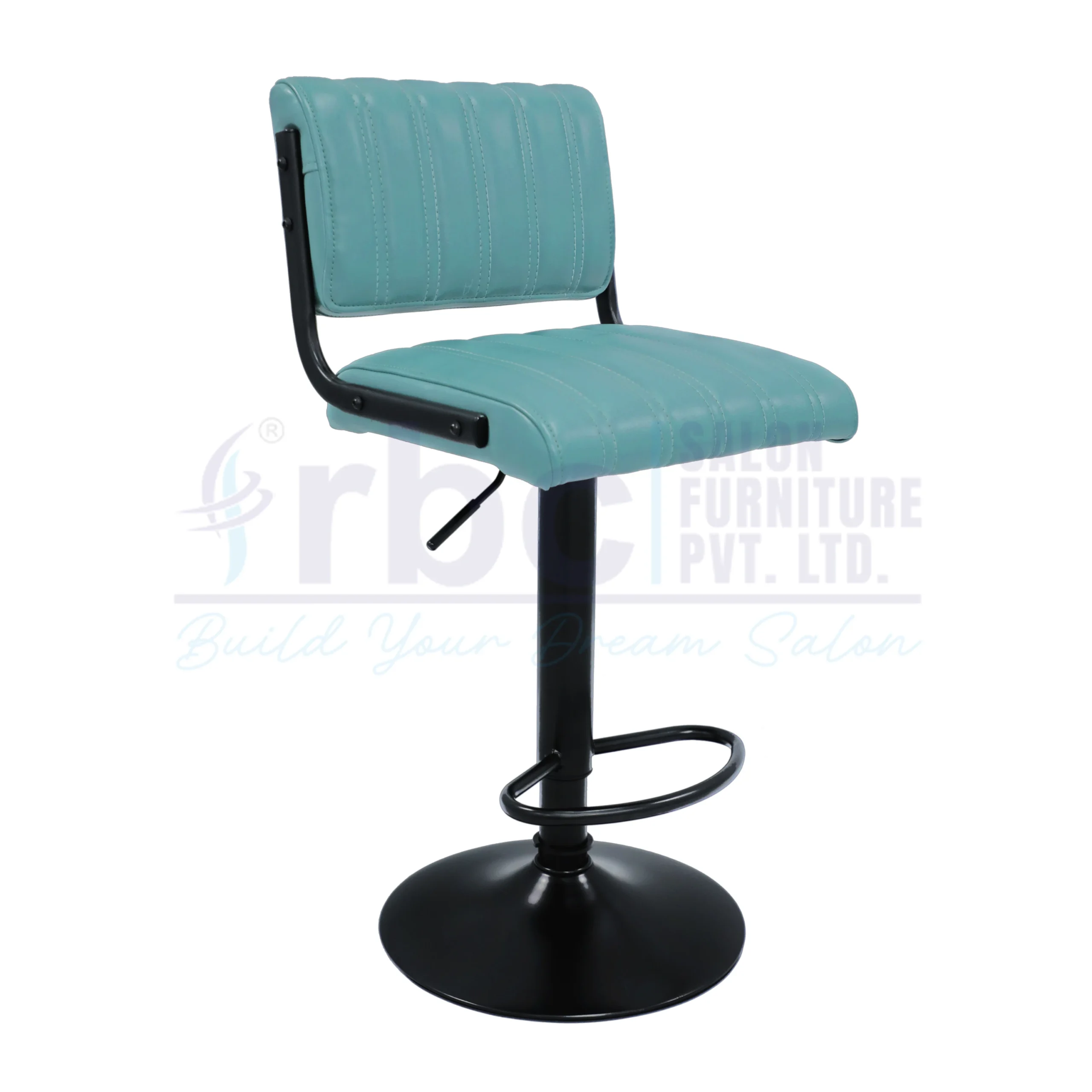 RBC 148 Professional Hydraulic Salon Chair Stool with Teal Blue Stitched Leatherette Cushion, Matte Black Frame, Footrest, and Circular Base