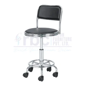 RBC 149 Professional Hydraulic Rolling Salon Stool Chair with Black Cushioned Seat, Backrest, Chrome Footrest Ring, and 5-Star Wheel Base