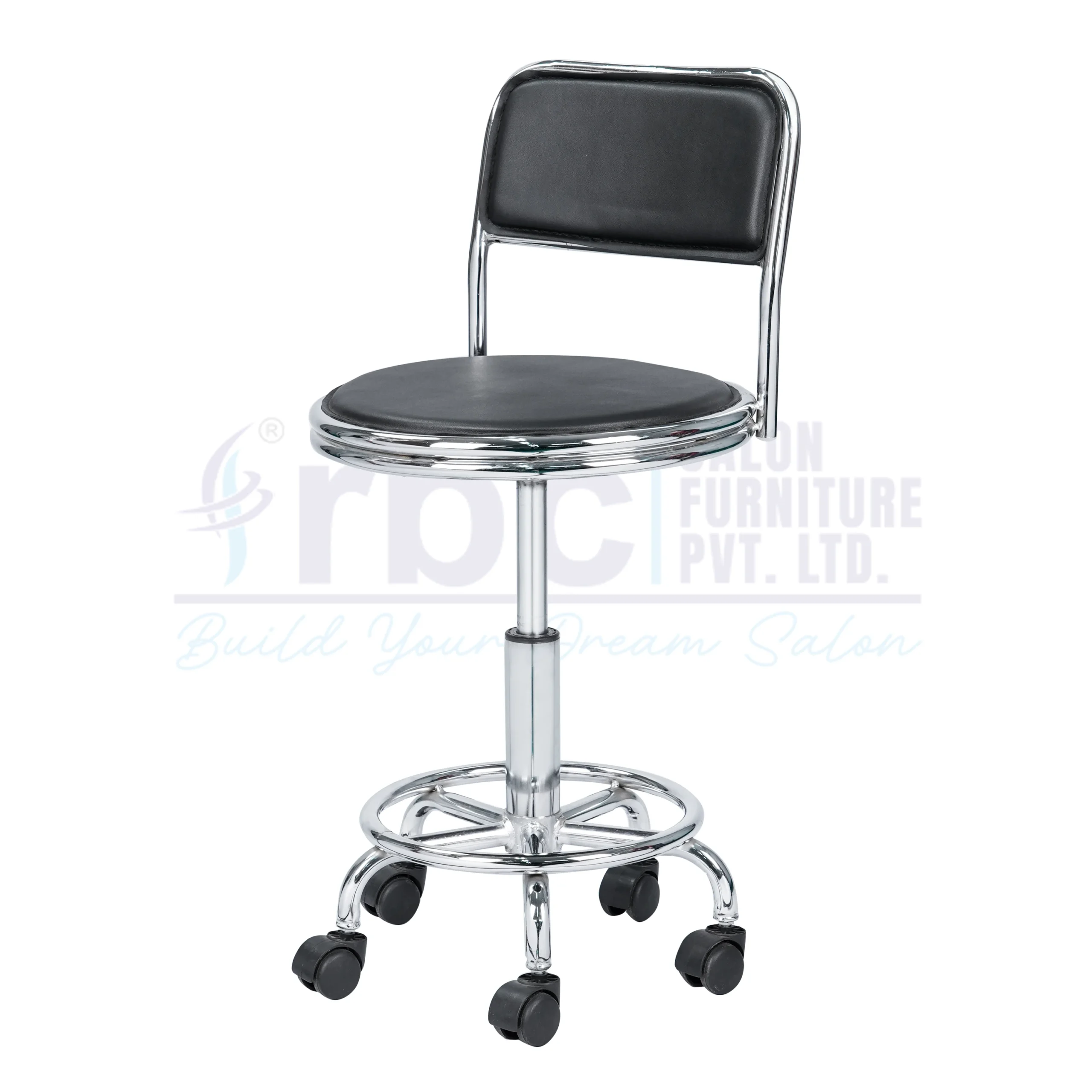 RBC 149 Professional Hydraulic Rolling Salon Stool Chair with Black Cushioned Seat, Backrest, Chrome Footrest Ring, and 5-Star Wheel Base