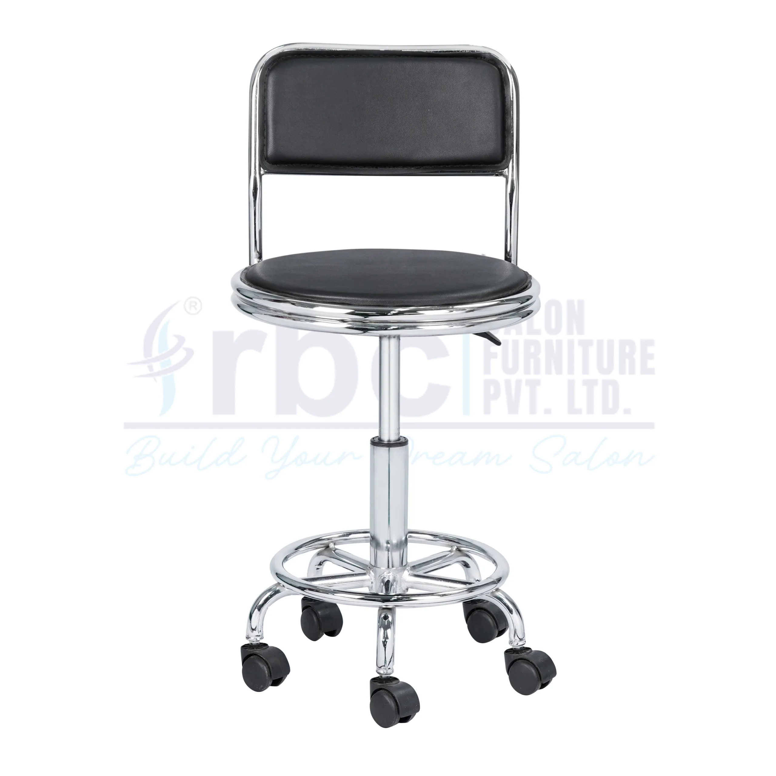 RBC 149 Professional Hydraulic Rolling Salon Stool Chair with Black Cushioned Seat, Backrest, Chrome Footrest Ring, and 5-Star Wheel Base