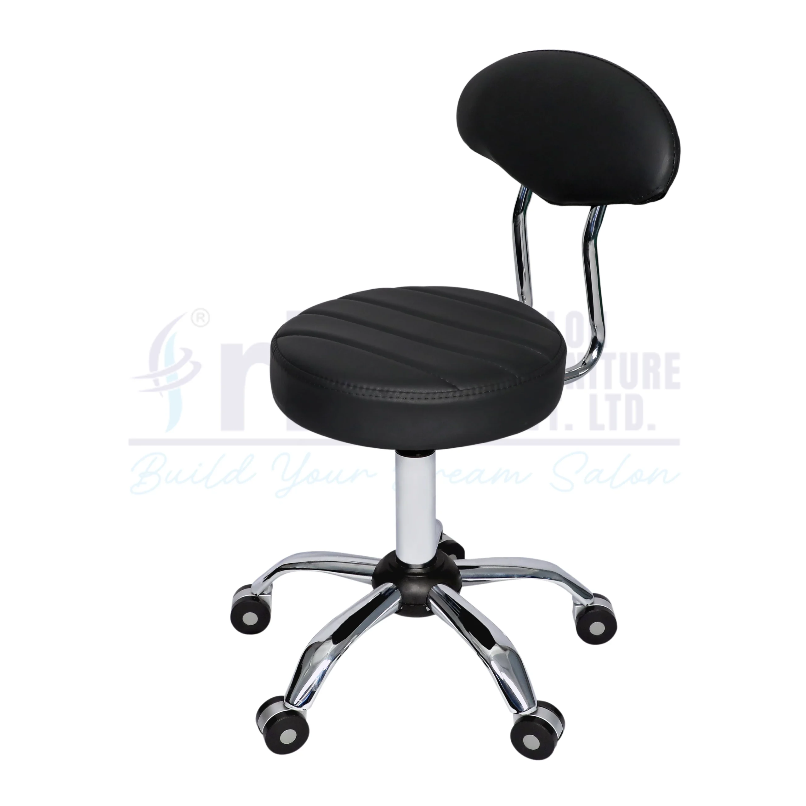 RBC 157 Professional Hydraulic Rolling Salon Stool Chair with Black Striped Seat, Oval Backrest, Chrome Support Rod, and 5-Star Wheel Base