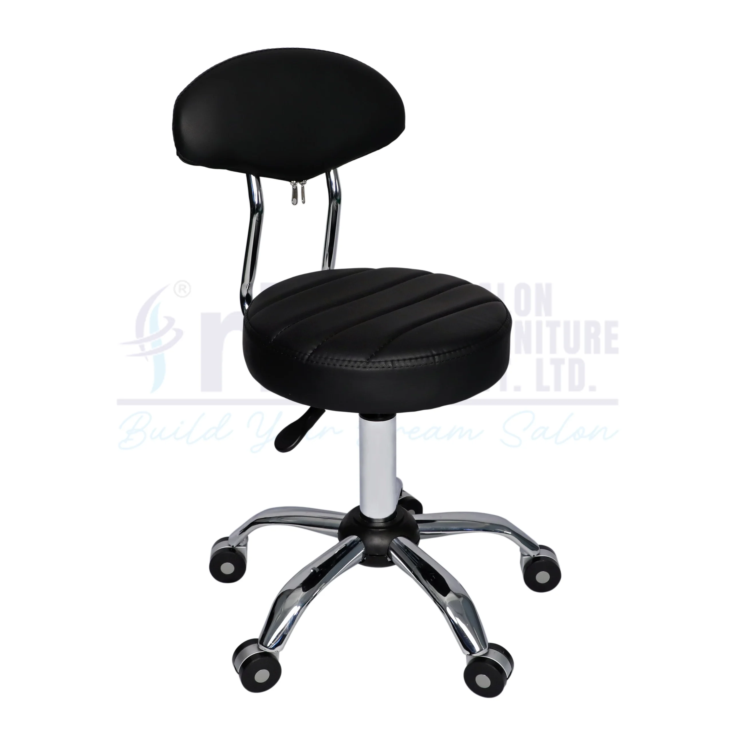RBC 157 Professional Hydraulic Rolling Salon Stool Chair with Black Striped Seat, Oval Backrest, Chrome Support Rod, and 5-Star Wheel Base