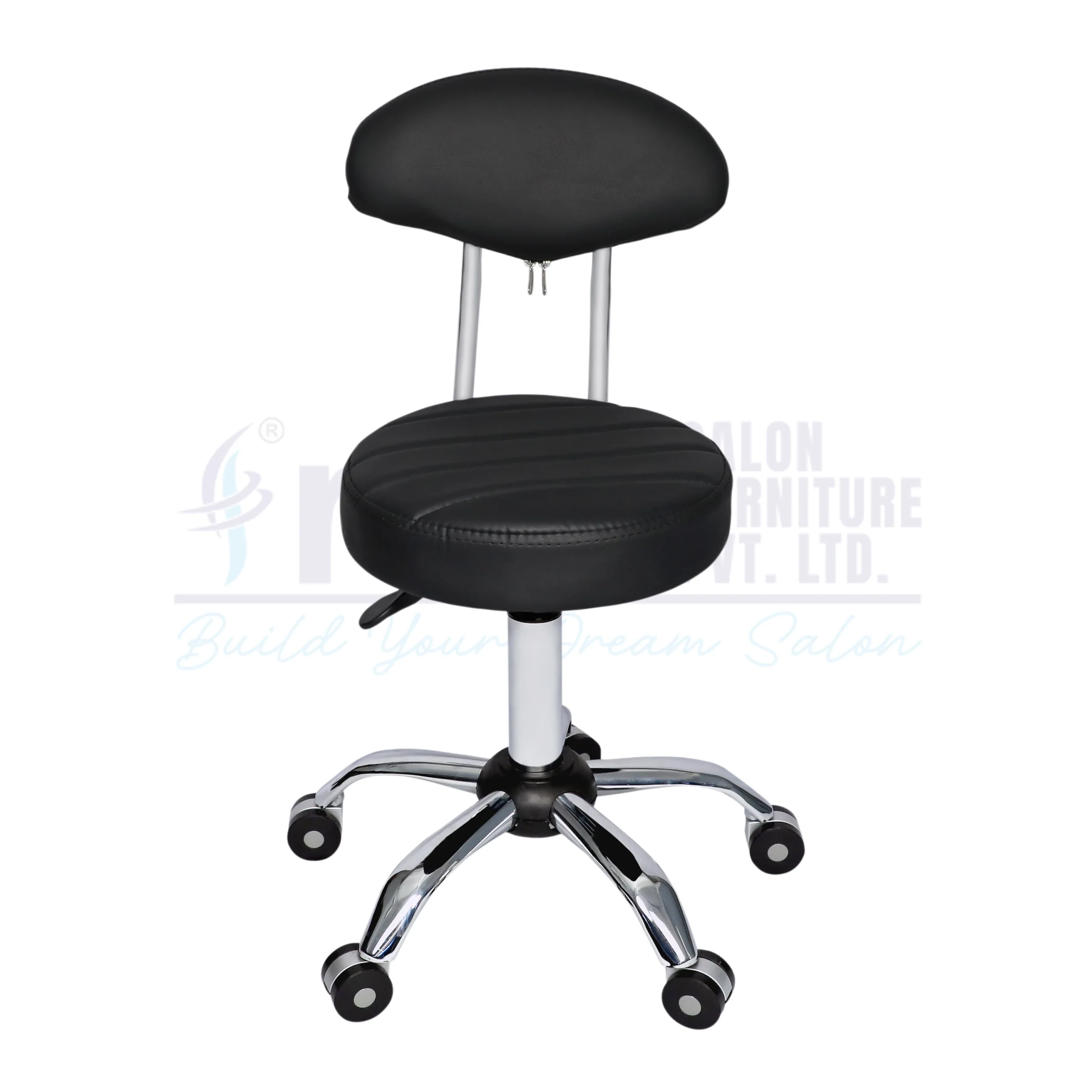 RBC 157 Professional Hydraulic Rolling Salon Stool Chair with Black Striped Seat, Oval Backrest, Chrome Support Rod, and 5-Star Wheel Base