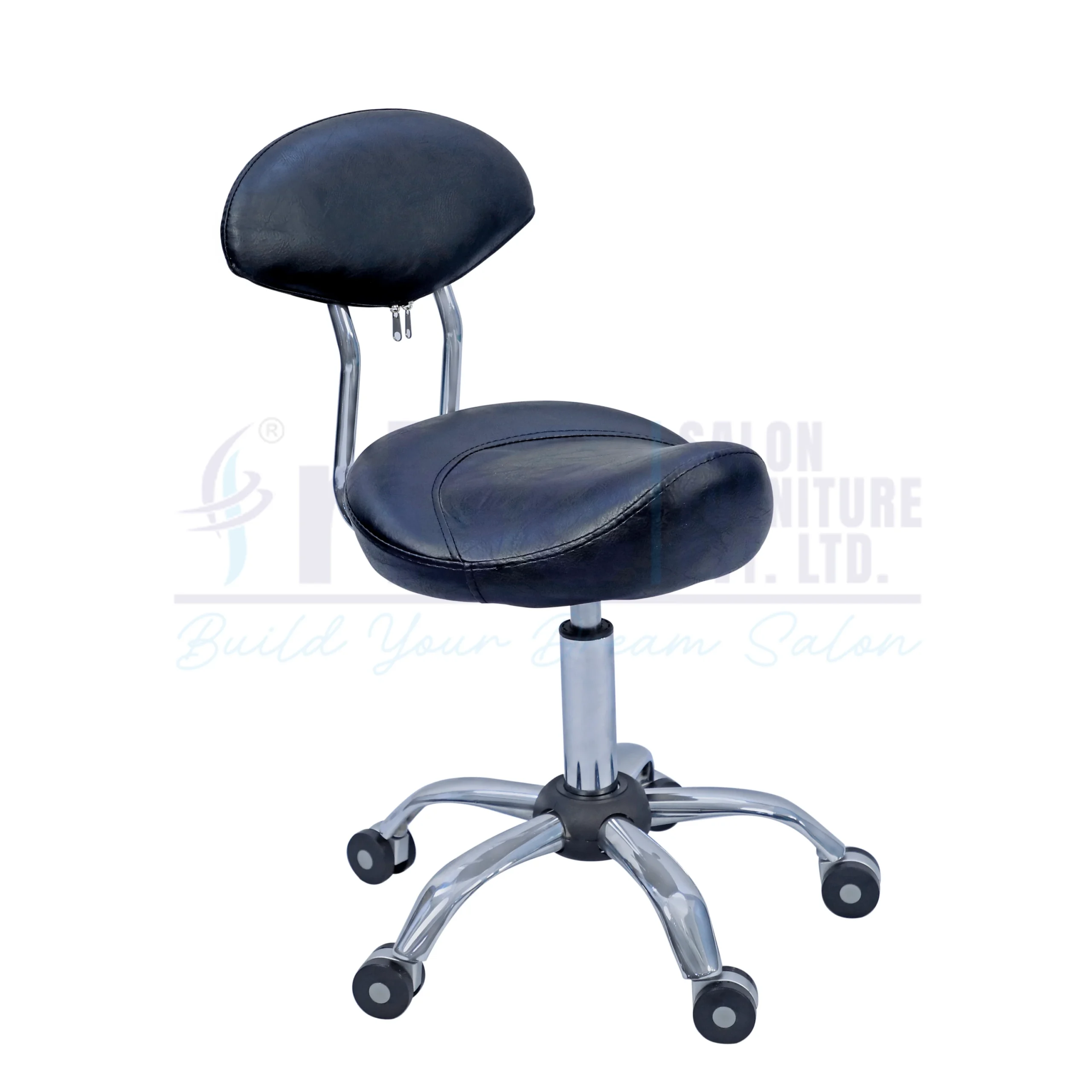 RBC 159 Professional Ergonomic Saddle Hydraulic Rolling Salon Stool Chair with Black Saddle Seat, Oval Backrest, and 5-Star Chrome Wheel Base