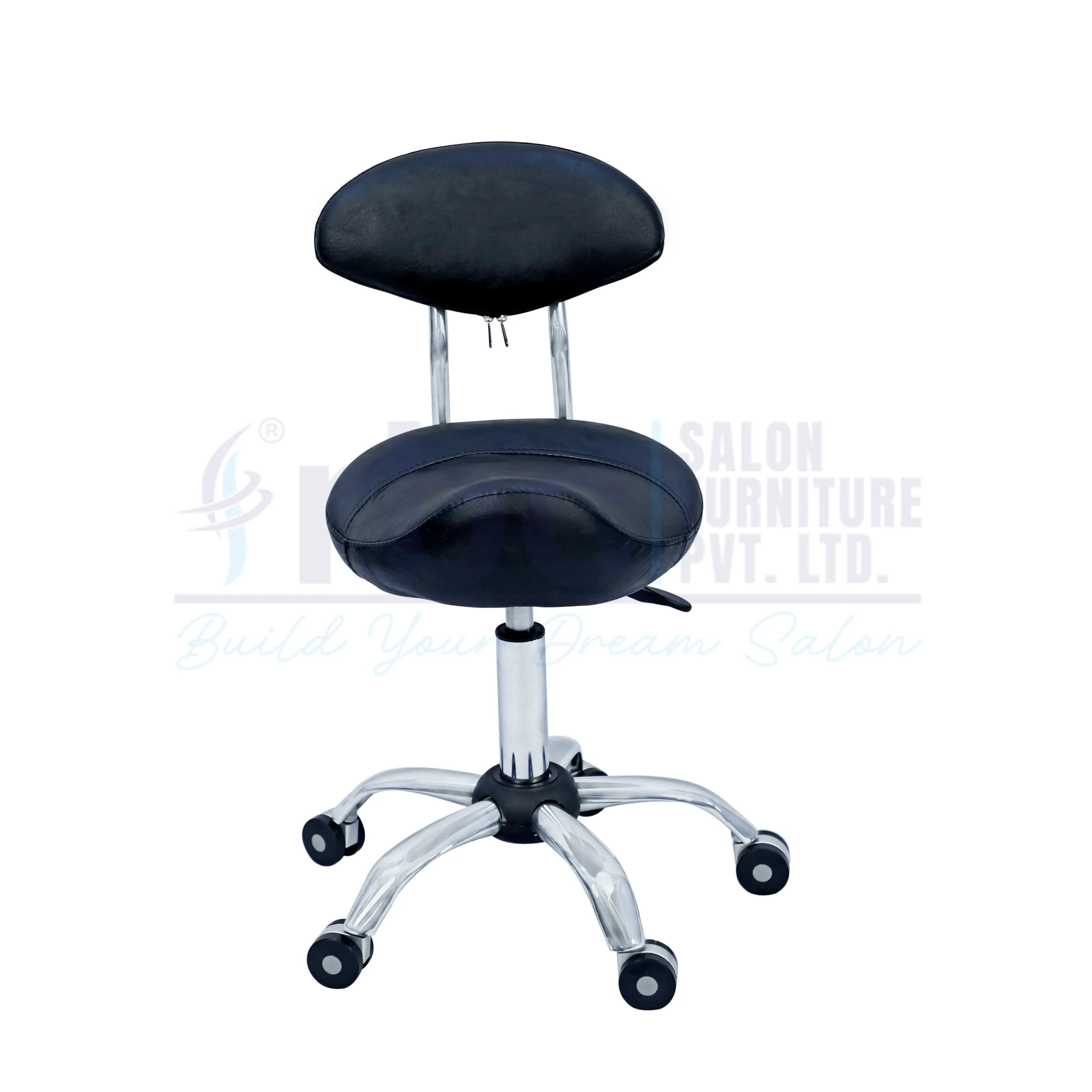 RBC 159 Professional Ergonomic Saddle Hydraulic Rolling Salon Stool Chair with Black Saddle Seat, Oval Backrest, and 5-Star Chrome Wheel Base