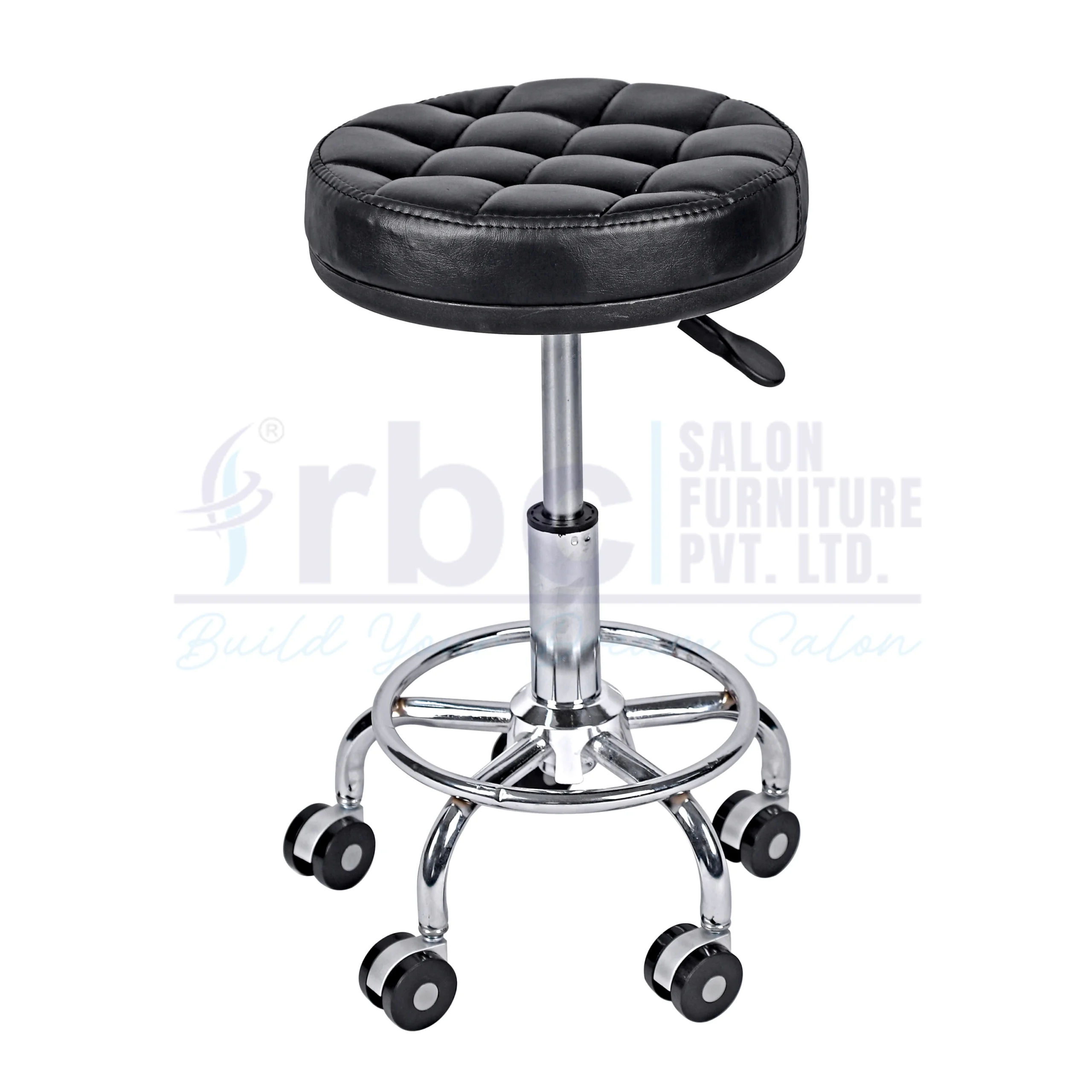 RBC 160 Professional Backless Hydraulic Rolling Salon Stool with Black Quilted Round Cushion Seat, Integrated Chrome Footrest Ring, and 5-Star Wheel Base