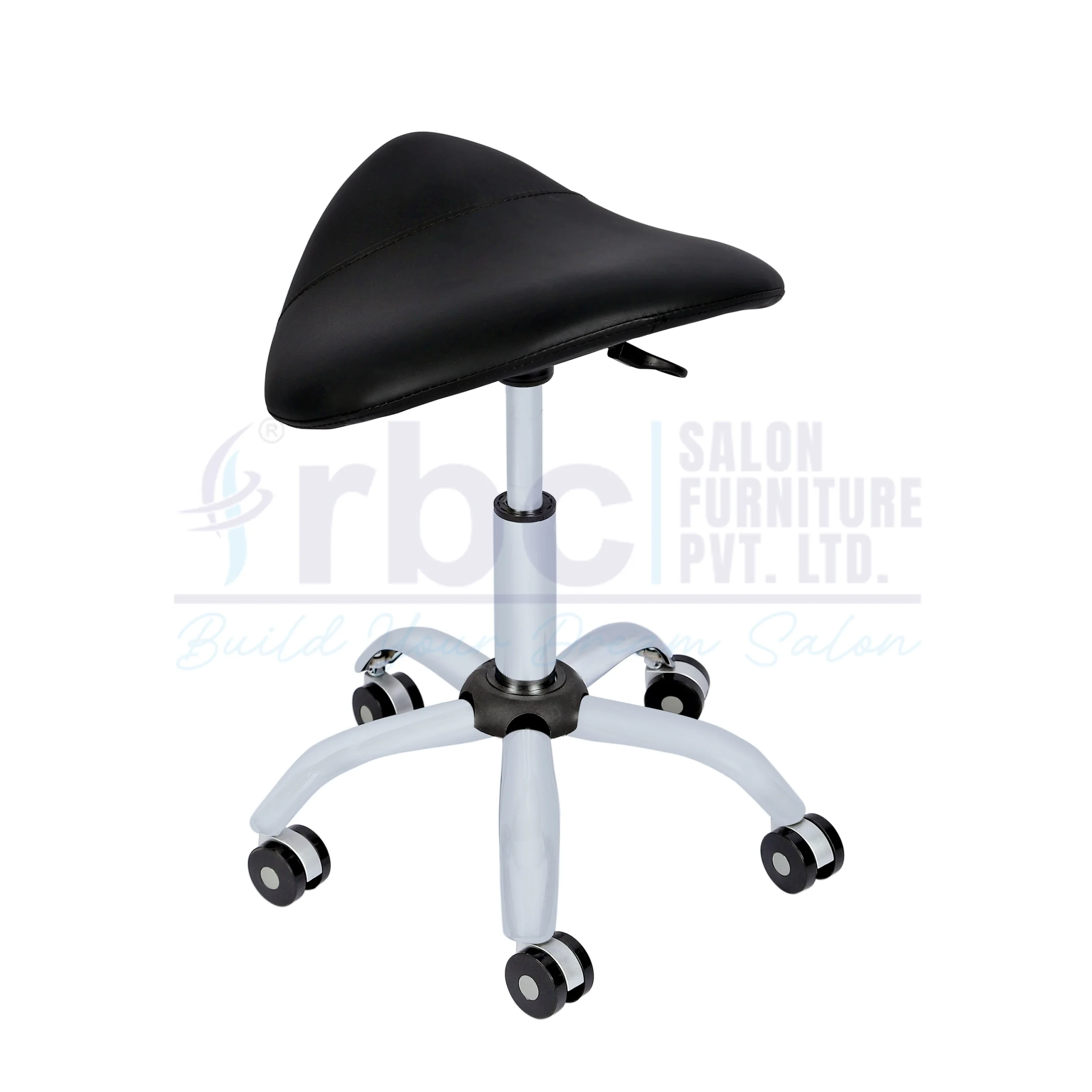 RBC 161 Professional Backless Ergonomic Triangular Saddle Hydraulic Rolling Salon Stool with Black Leatherette Seat and 5-Star Caster Base