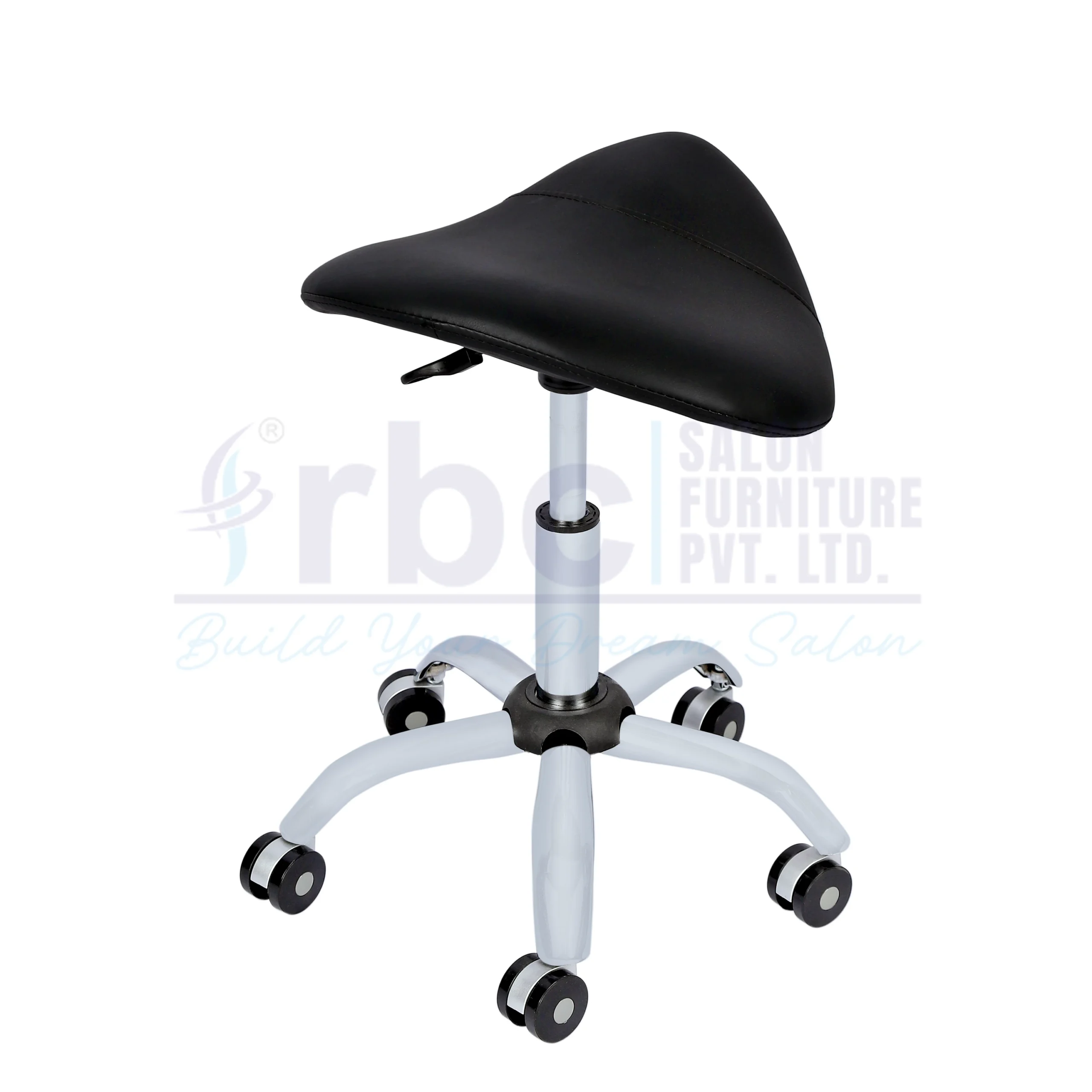 RBC 161 Professional Backless Ergonomic Triangular Saddle Hydraulic Rolling Salon Stool with Black Leatherette Seat and 5-Star Caster Base