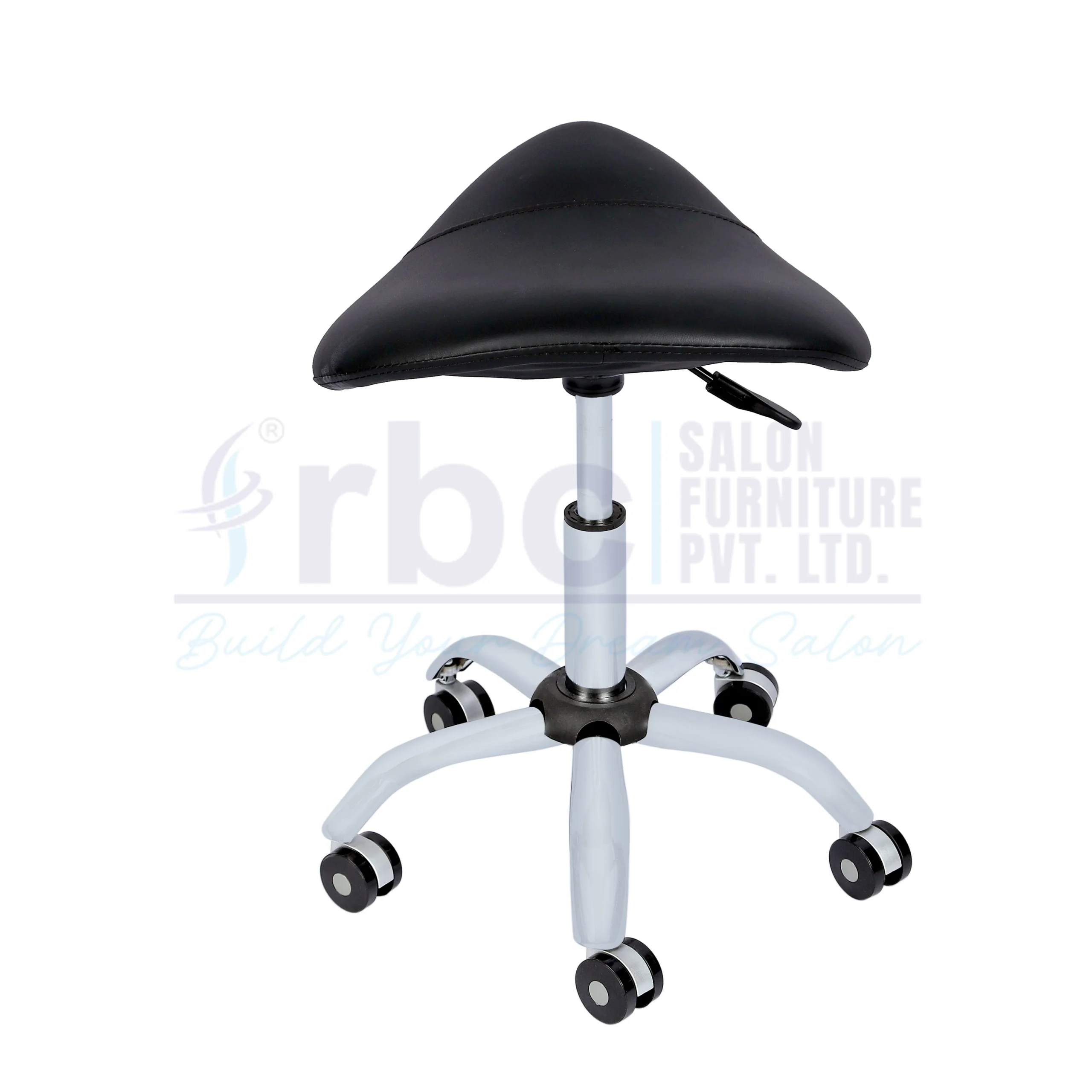 RBC 161 Professional Backless Ergonomic Triangular Saddle Hydraulic Rolling Salon Stool with Black Leatherette Seat and 5-Star Caster Base