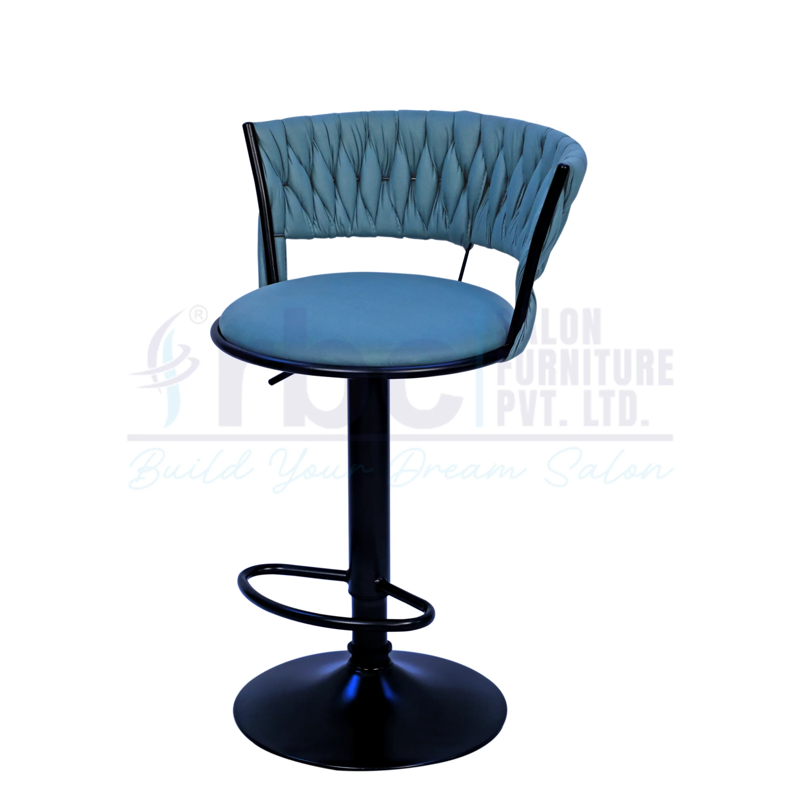 RBC 163 Luxury Hydraulic Swivel Salon Chair Stool with Teal Blue Woven Diamond Lattice Backrest, Matte Black Frame, Footrest, and Circular Base