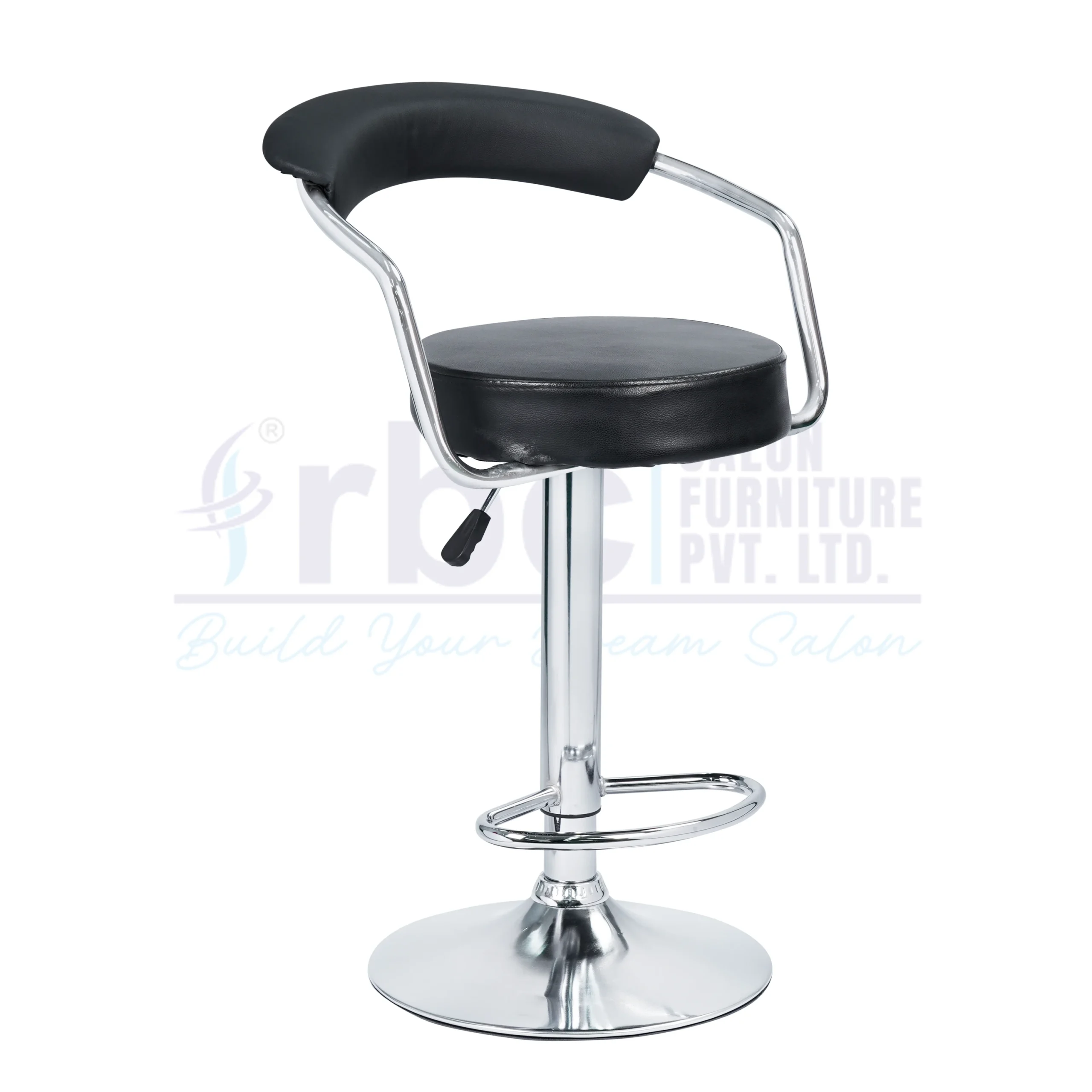 RBC 228 Professional Hydraulic Curved Backrest Salon Chair Stool with Black Leatherette Seat, Chrome Tubular Frame, Footrest Ring, and Circular Disc Base