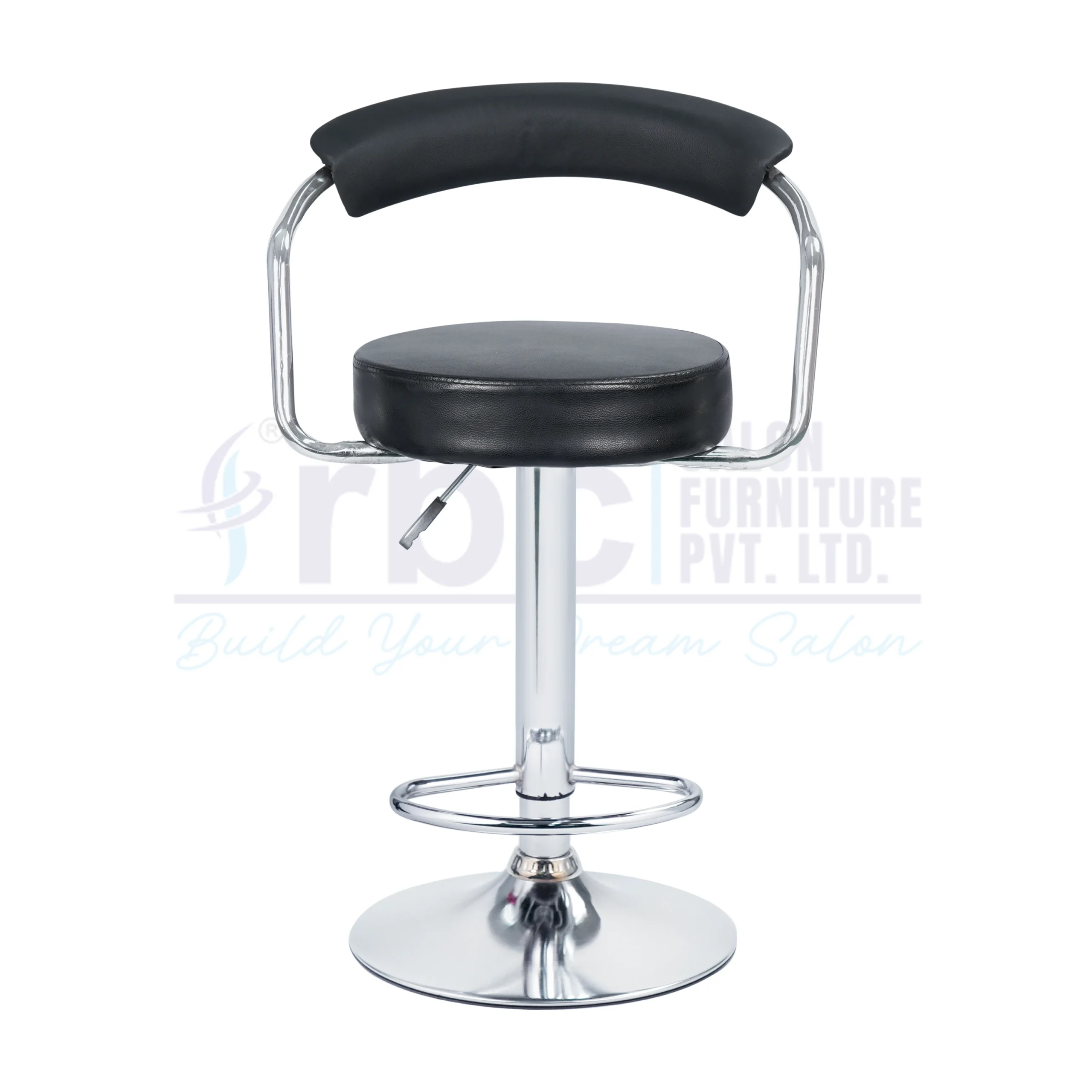 RBC 228 Professional Hydraulic Curved Backrest Salon Chair Stool with Black Leatherette Seat, Chrome Tubular Frame, Footrest Ring, and Circular Disc Base