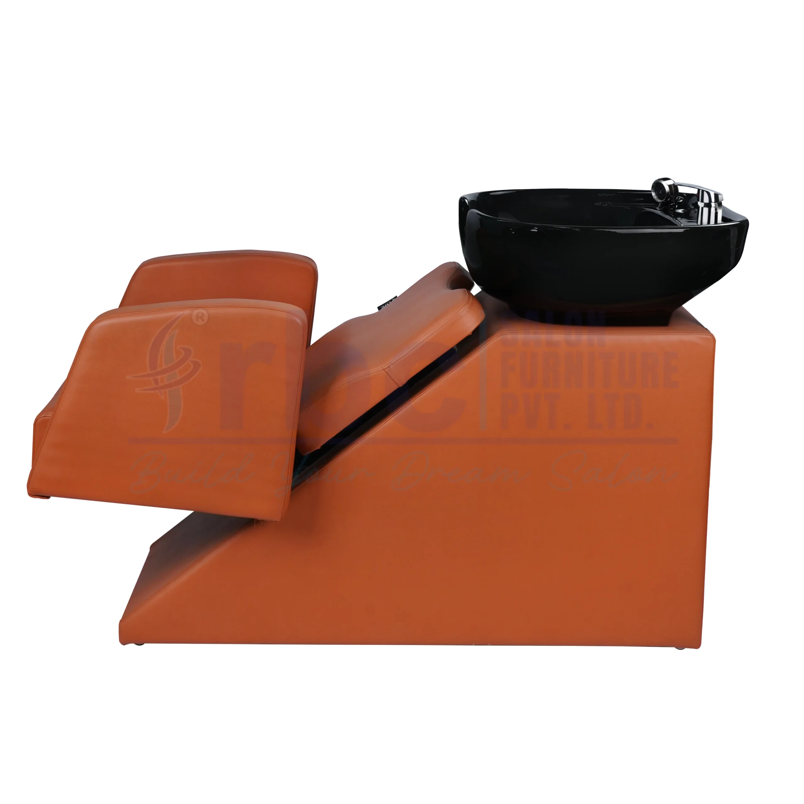 RBC 306 Cognac Tan Brown Reclining Salon Shampoo Station Chair with Black Ceramic Basin