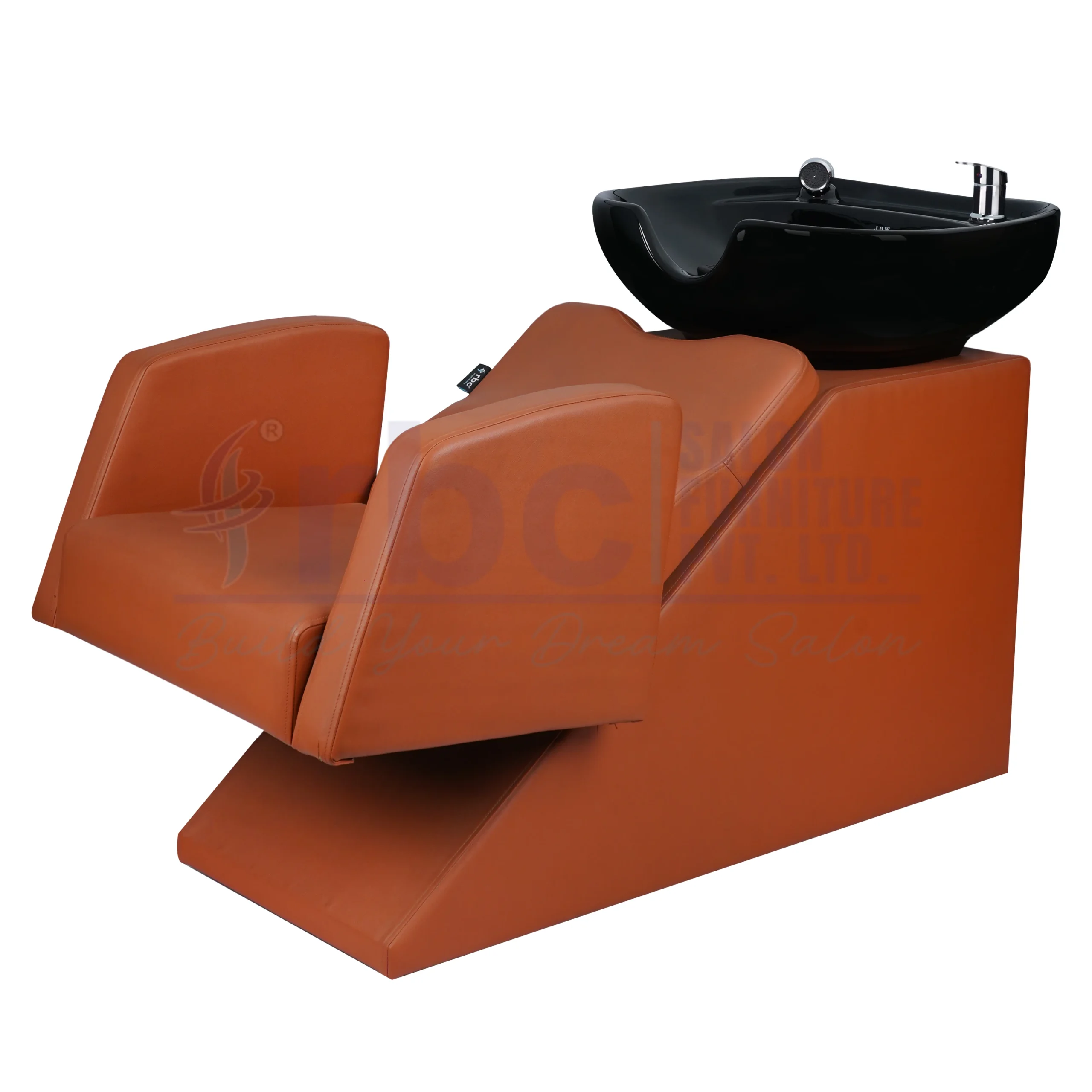RBC 306 Cognac Tan Brown Reclining Salon Shampoo Station Chair with Black Ceramic Basin