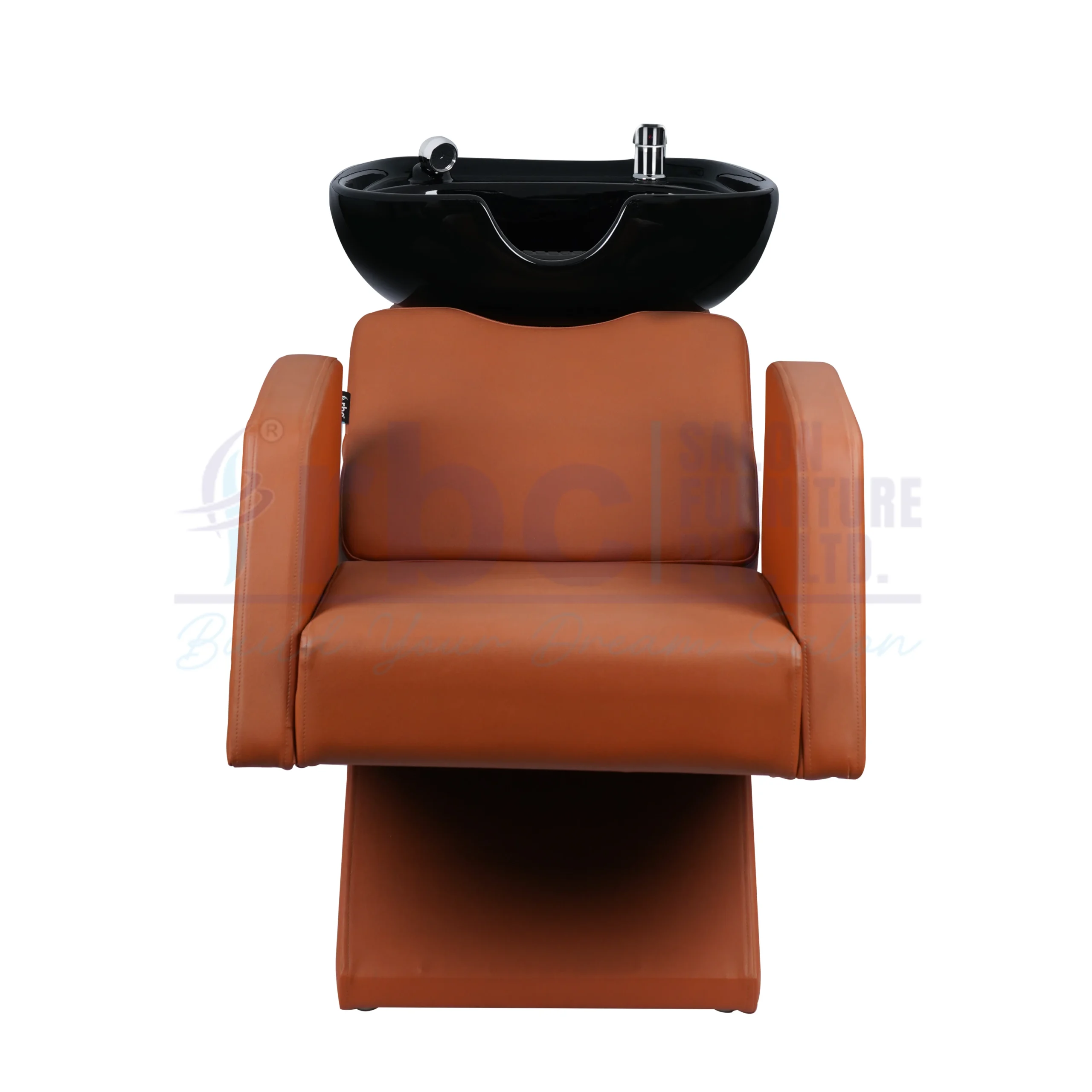 RBC 306 Cognac Tan Brown Reclining Salon Shampoo Station Chair with Black Ceramic Basin