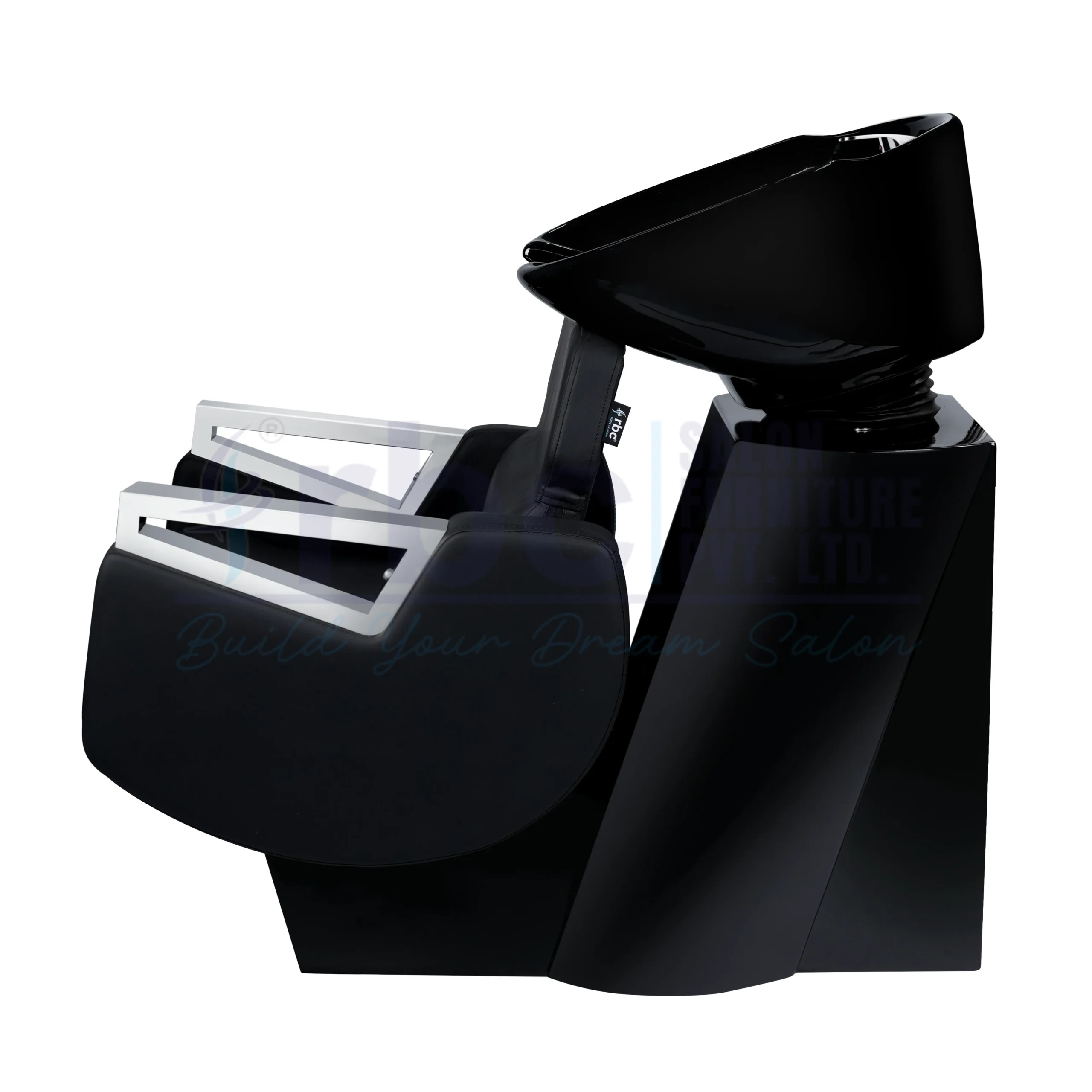 RBC 310 Black Salon Shampoo Station with Triangular Chrome Armrests and Deep Black Ceramic Basin